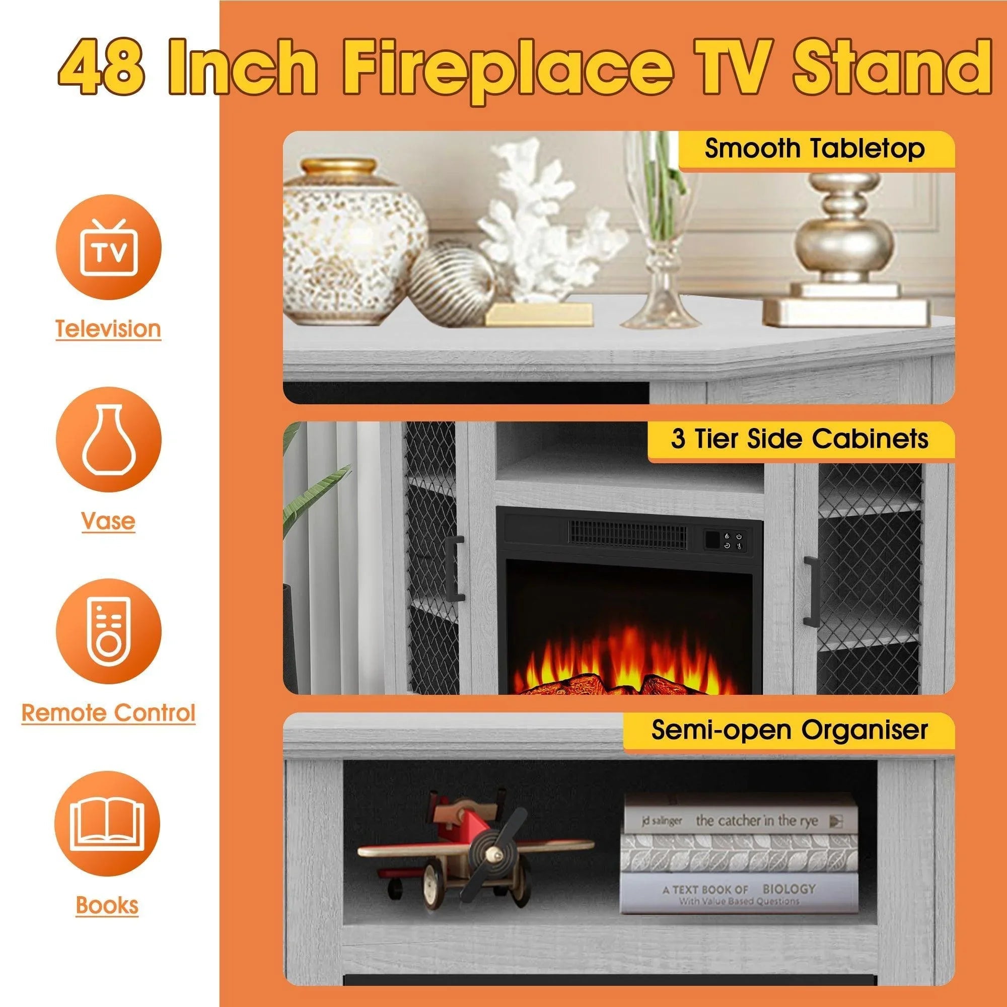 Grey fireplace TV stand with 3-tier side cabinets, mesh doors, and central fireplace