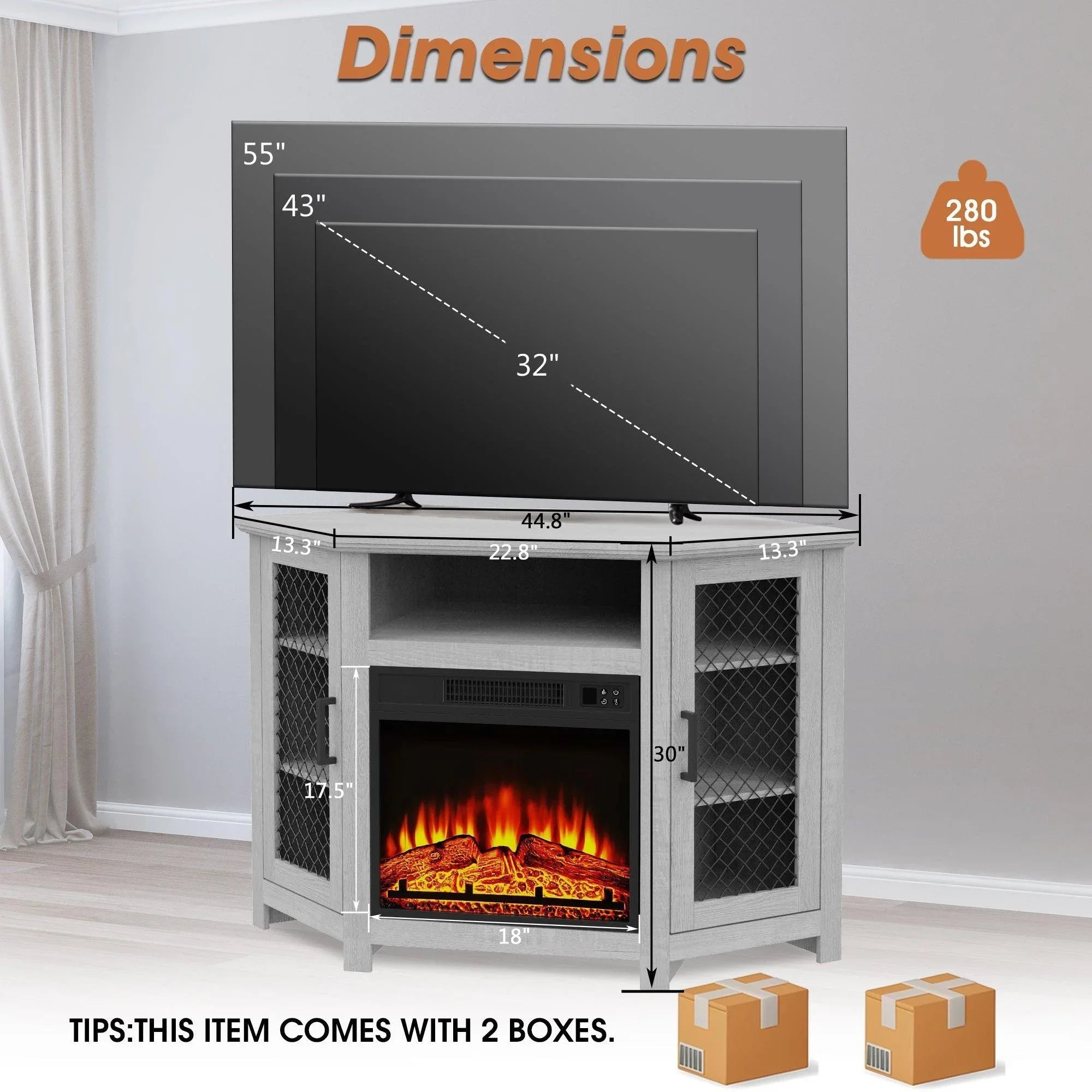 Grey electric fireplace TV stand with open shelves and two metal mesh door panels