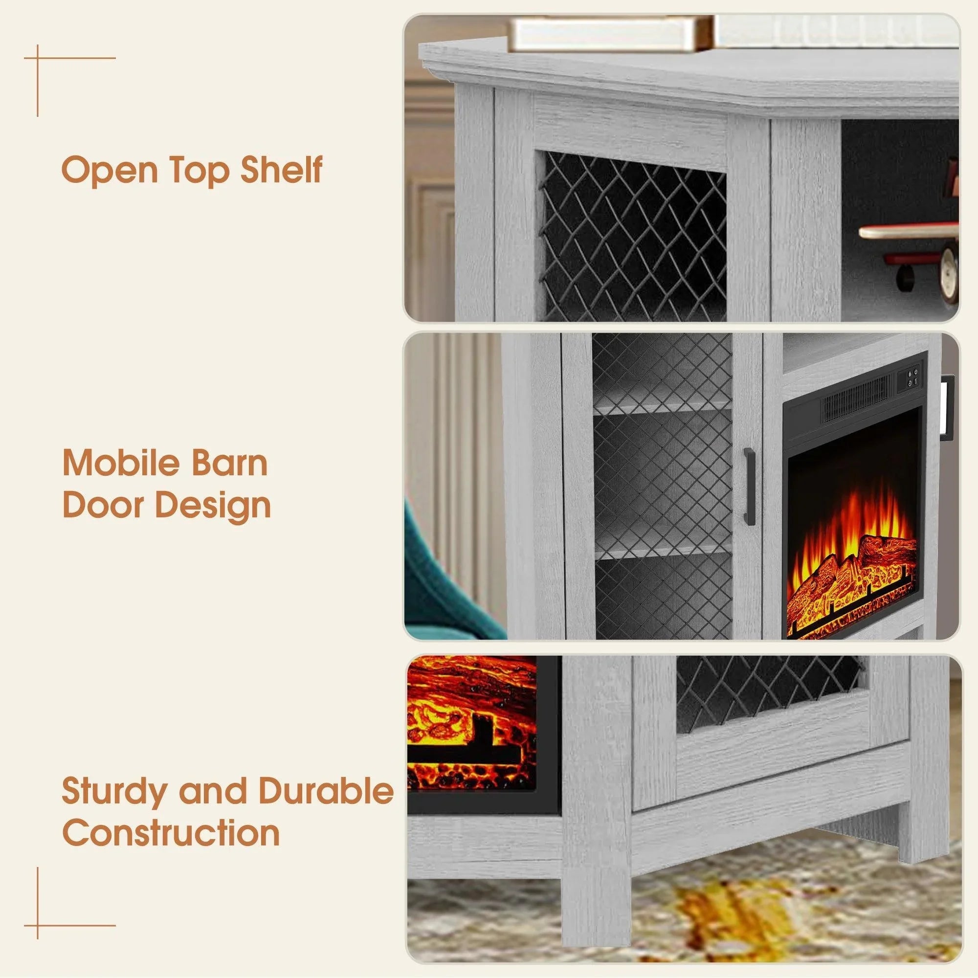 Grey electric fireplace TV stand with open top shelf and mesh barn-door styling
