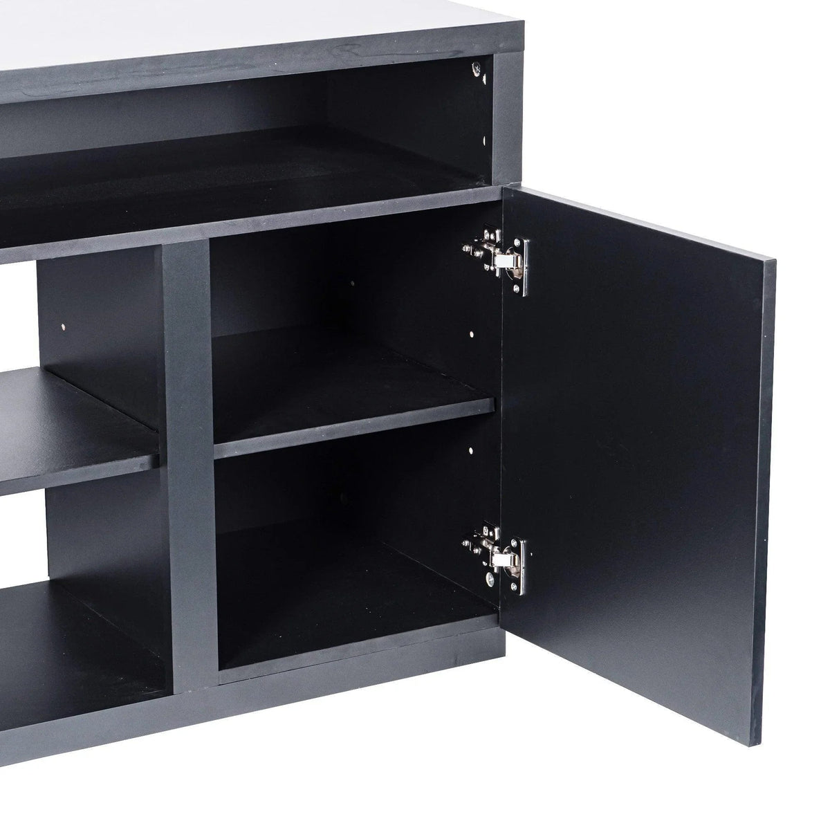 Modern TV media console in dark finish with open compartments and a hinged door