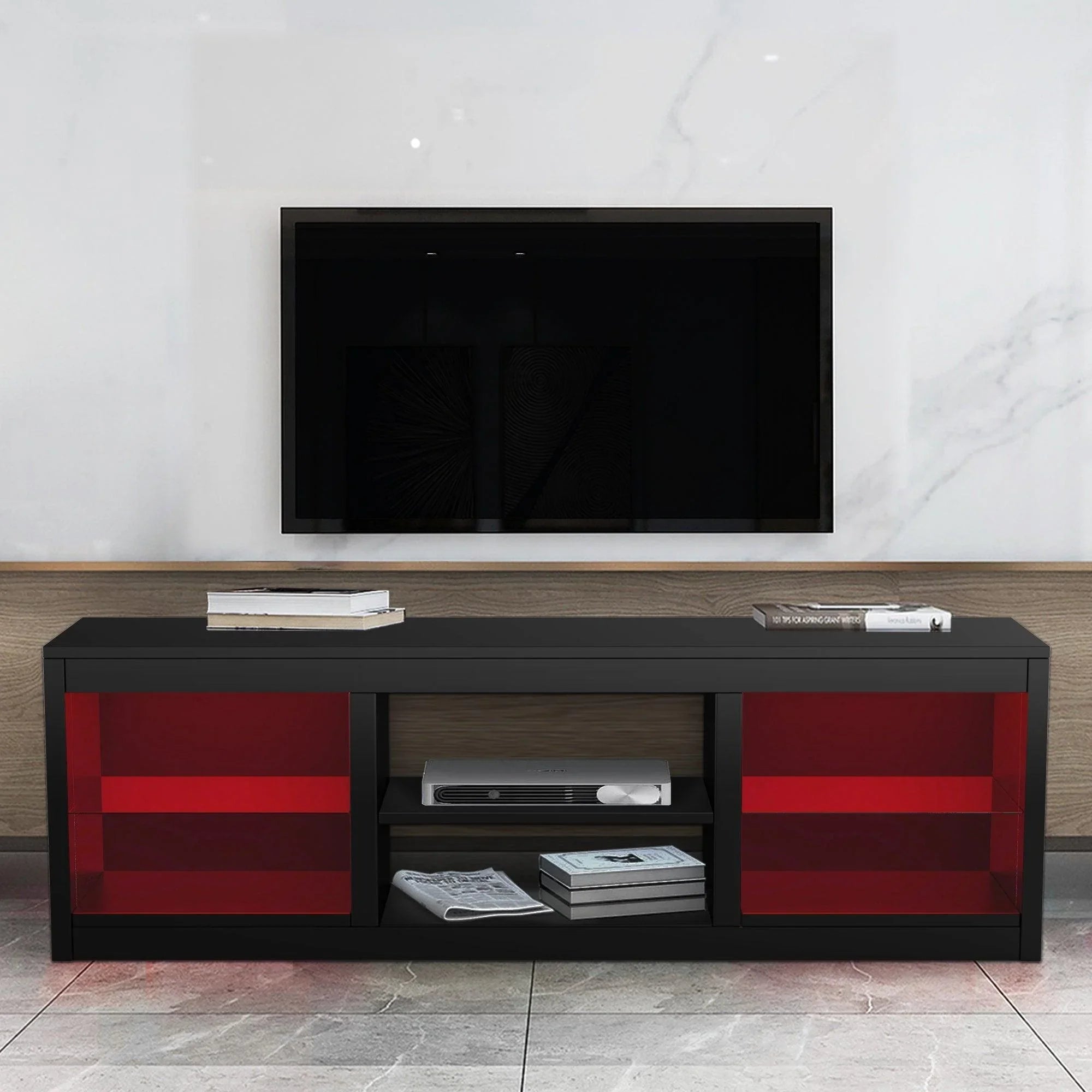 Black LED TV stand with glass shelves and red lighted storage compartments