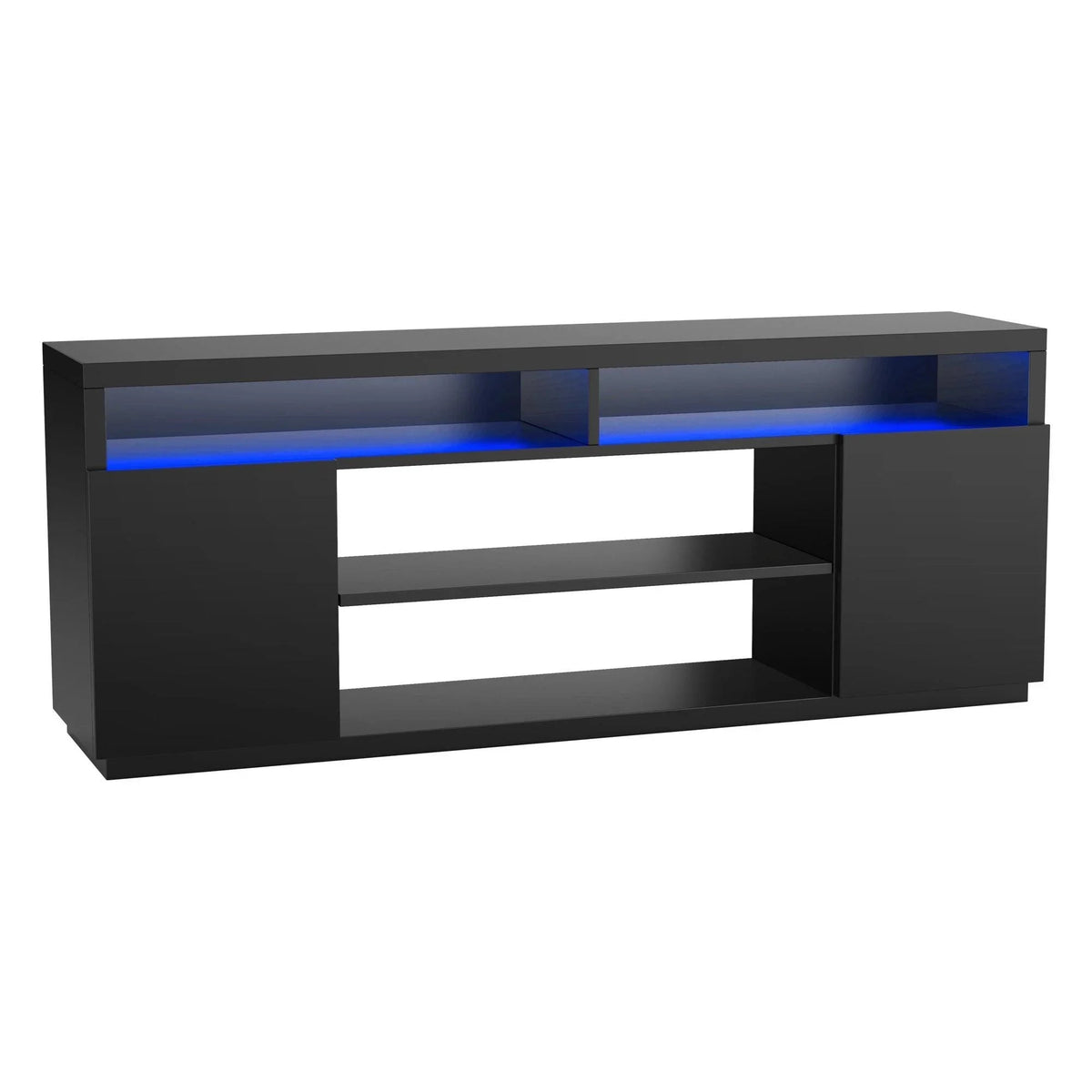 Modern TV stand with side cabinets and center open shelf, dark finish with blue LED