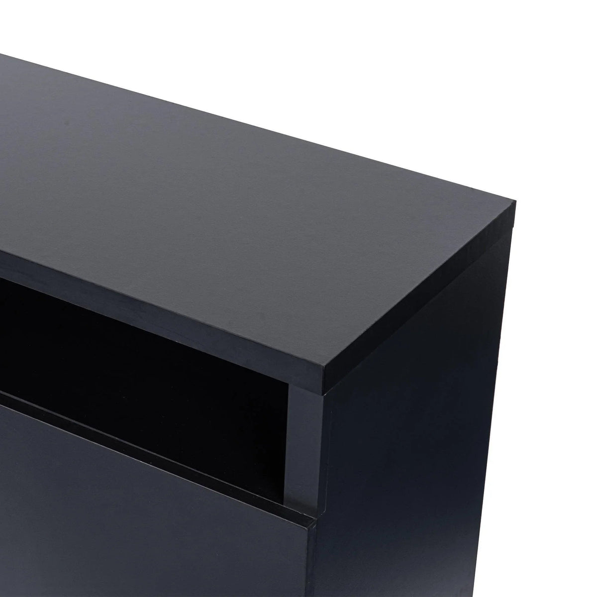 Black TV stand media console with dark tabletop edge and side panel