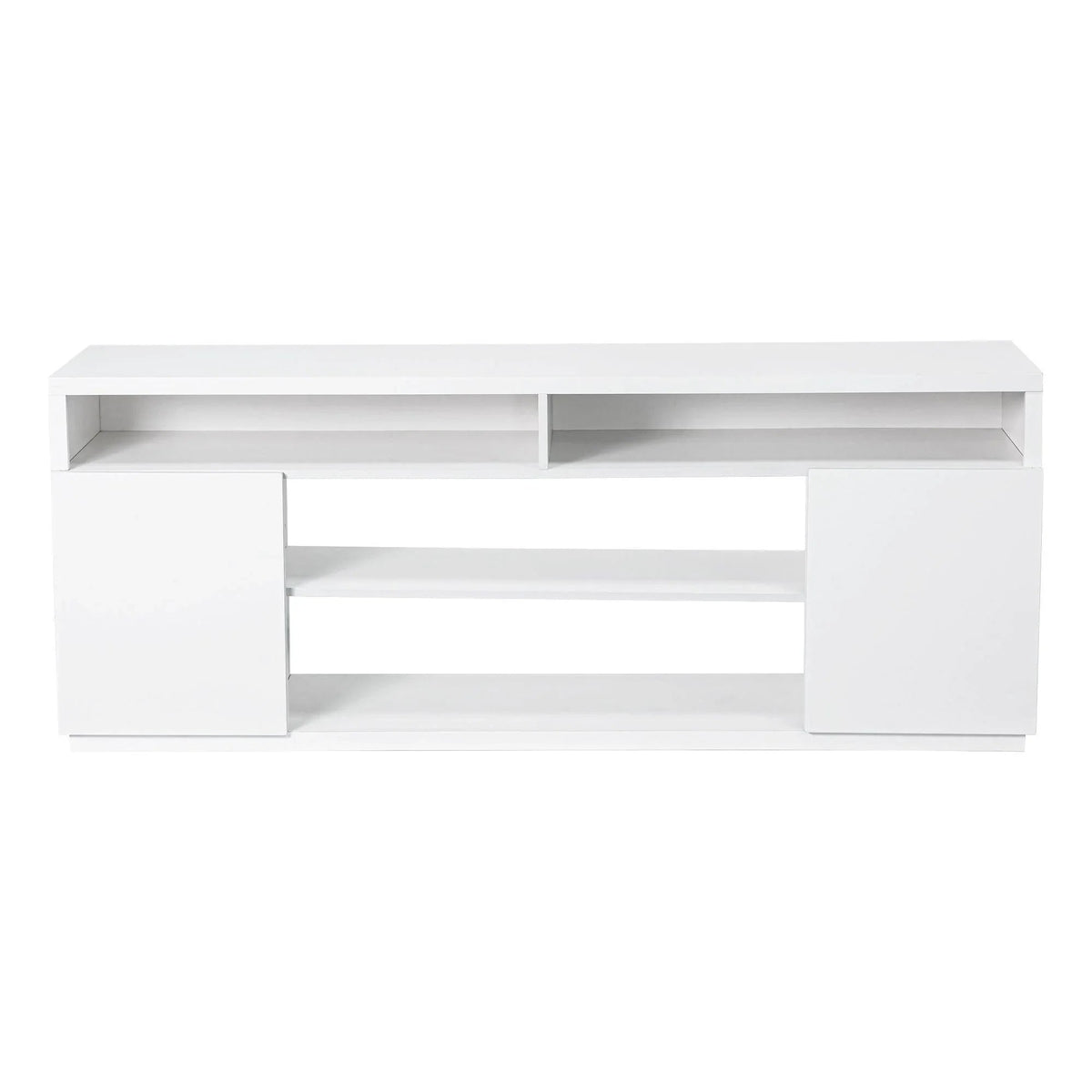 White TV stand media console with two side cabinets and an open center shelf