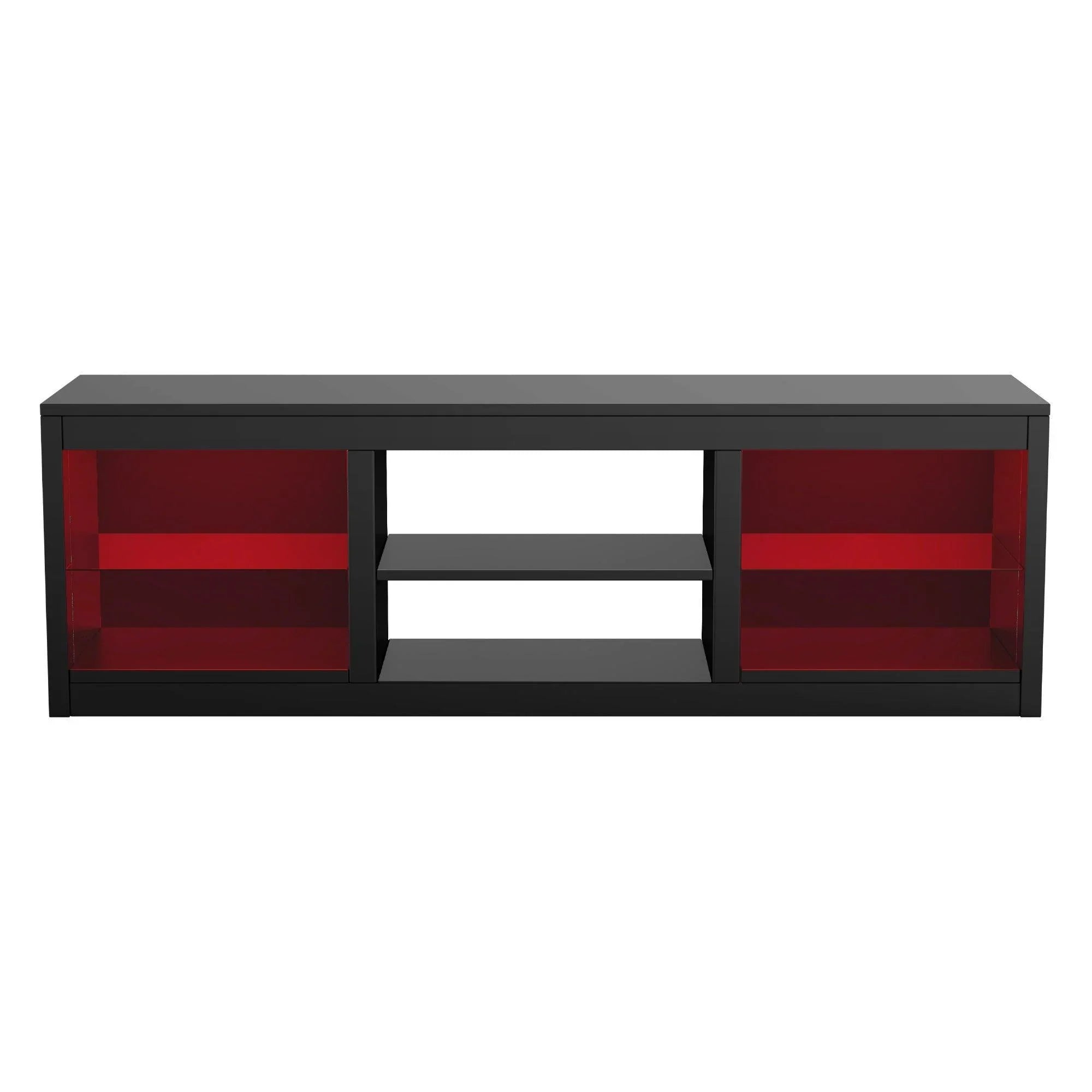 Black TV stand with red glass-style side panels and center open shelf