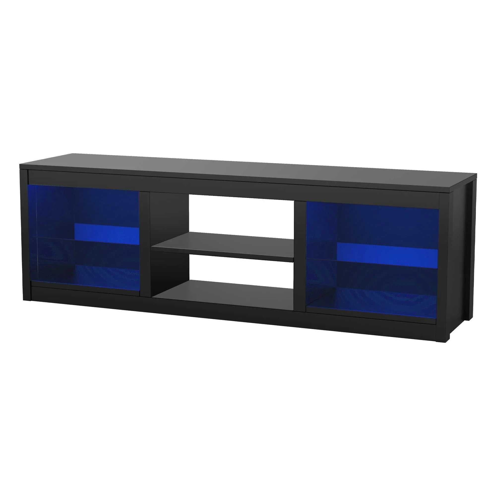 Black TV stand with blue glass-style storage panels and central open area