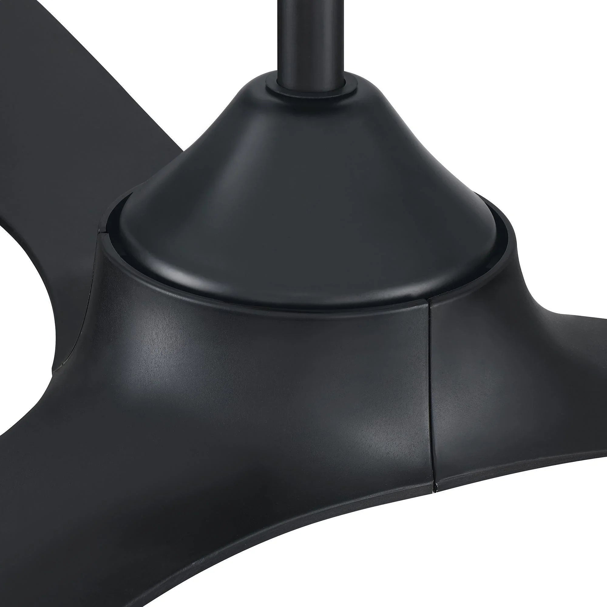 Black ceiling fan motor housing with downrod and blade arms, matte finish.