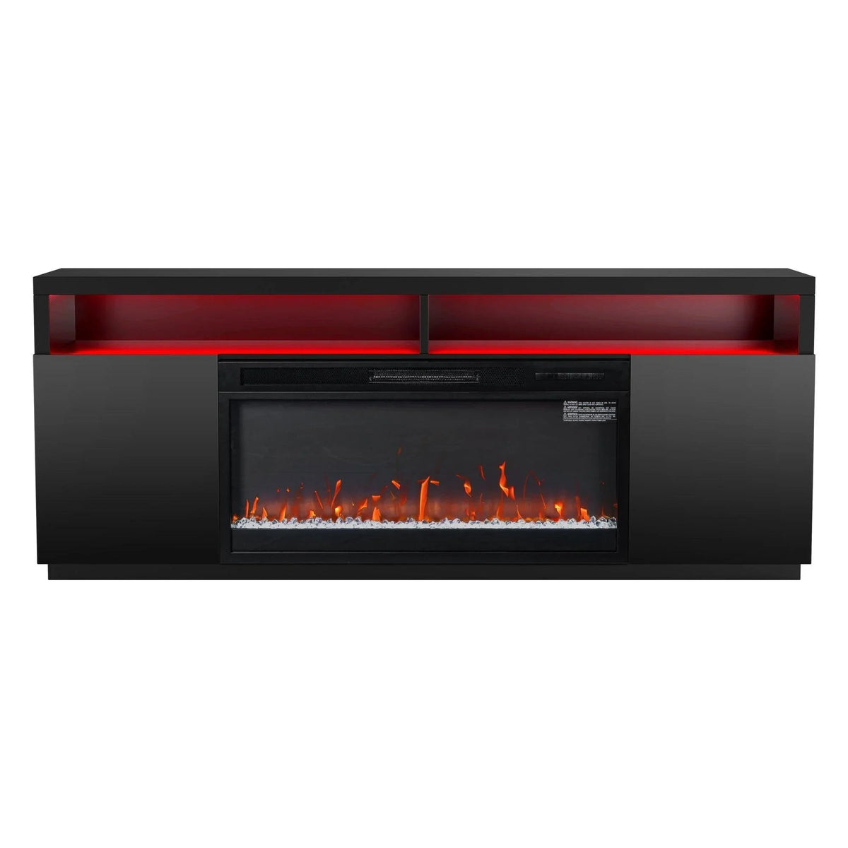 Black TV stand with electric fireplace insert and side cabinet doors with red LED strip.