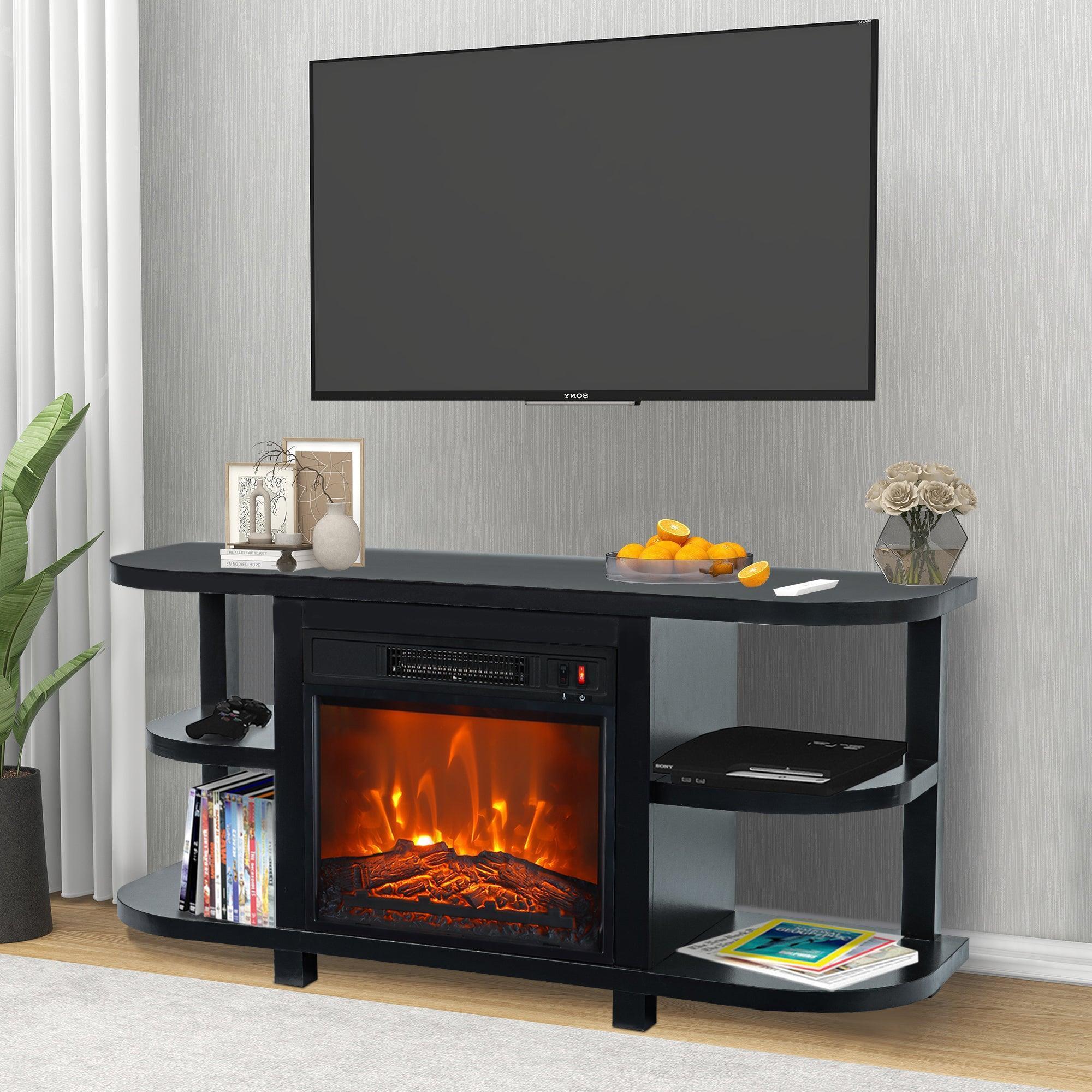 Grey TV stand with electric fireplace insert and open shelves for media storage