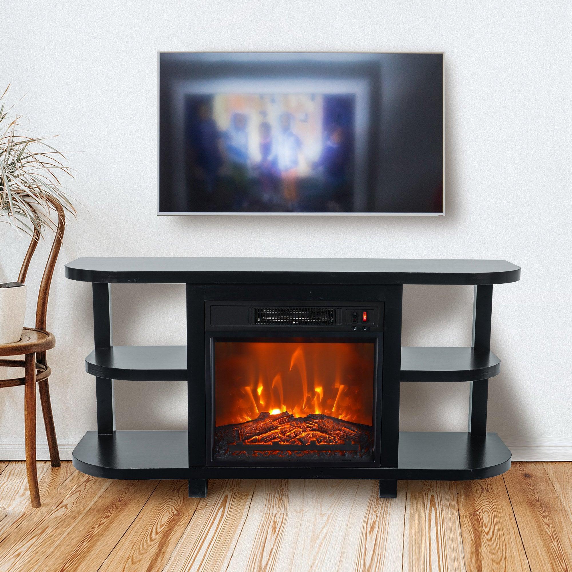Modern TV stand with black electric fireplace insert and open shelves on both sides