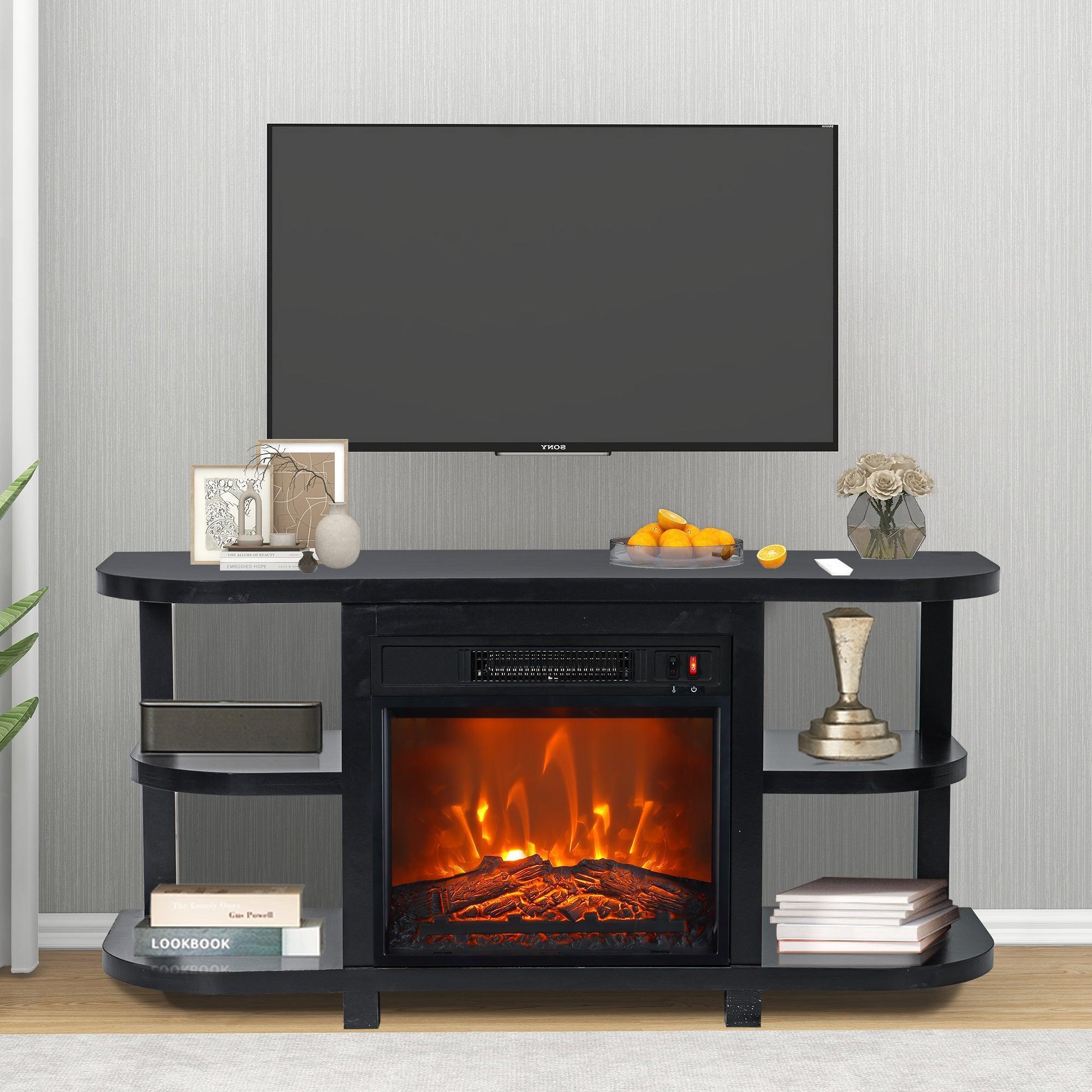Black TV stand with electric fireplace insert, side shelves, and central media storage