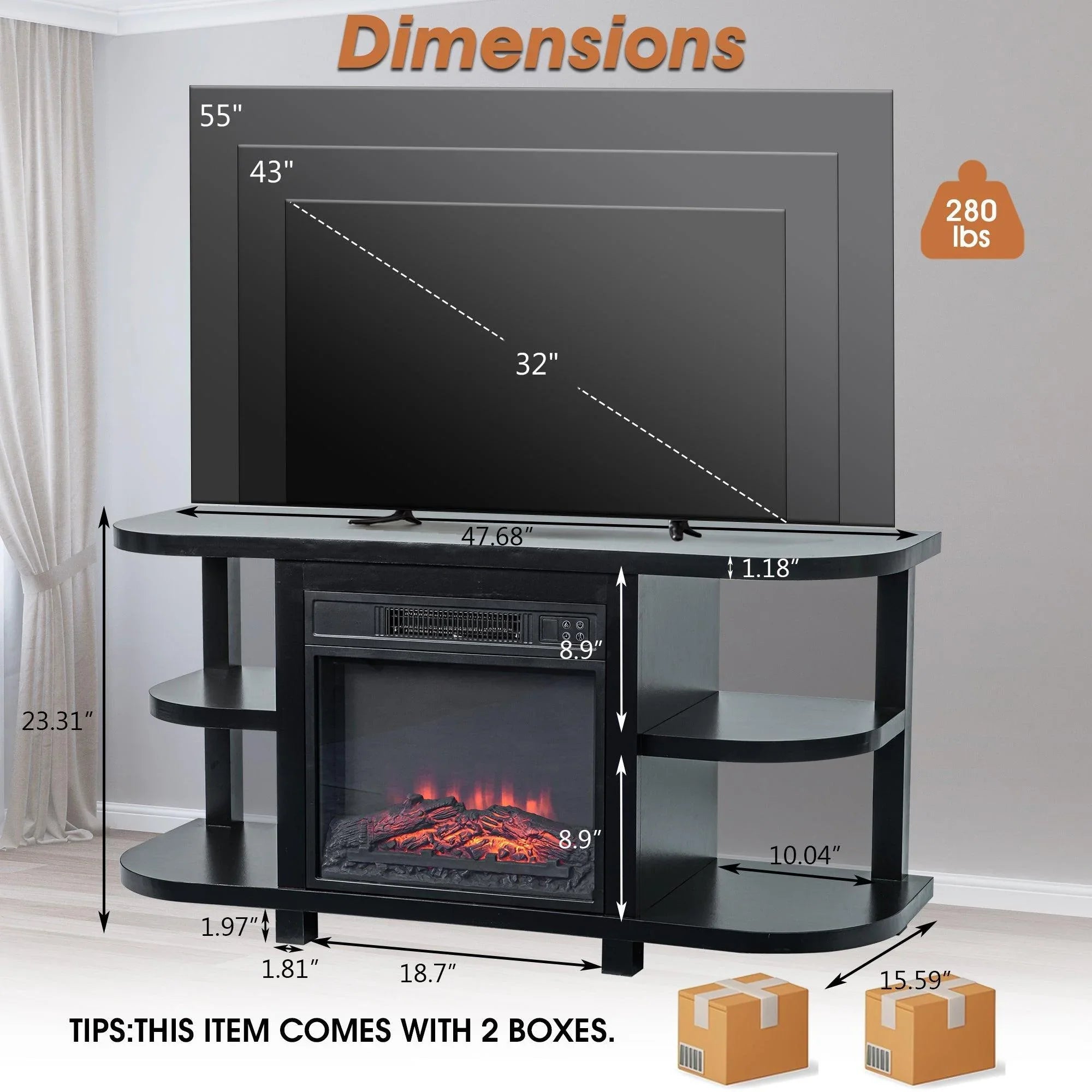 Front view of modern TV stand with electric fireplace insert and side open shelves