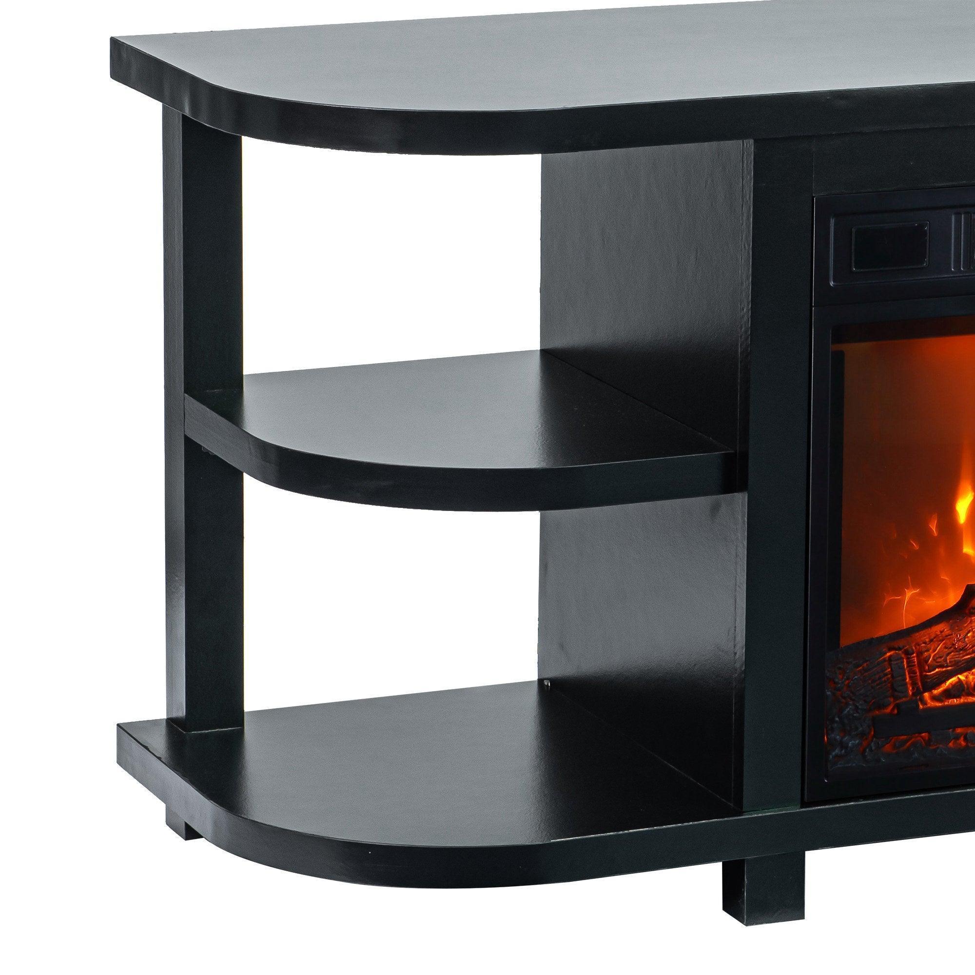 Corner view of modern TV stand with black electric fireplace insert and open shelves