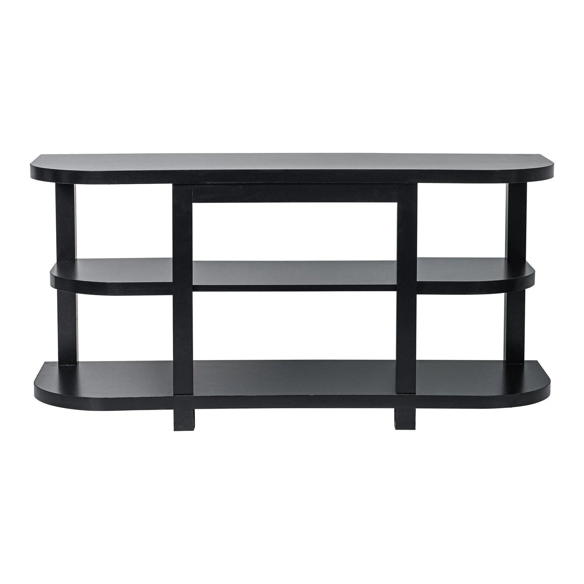 Black modern TV stand with curved open shelves and center frame for electric fireplace