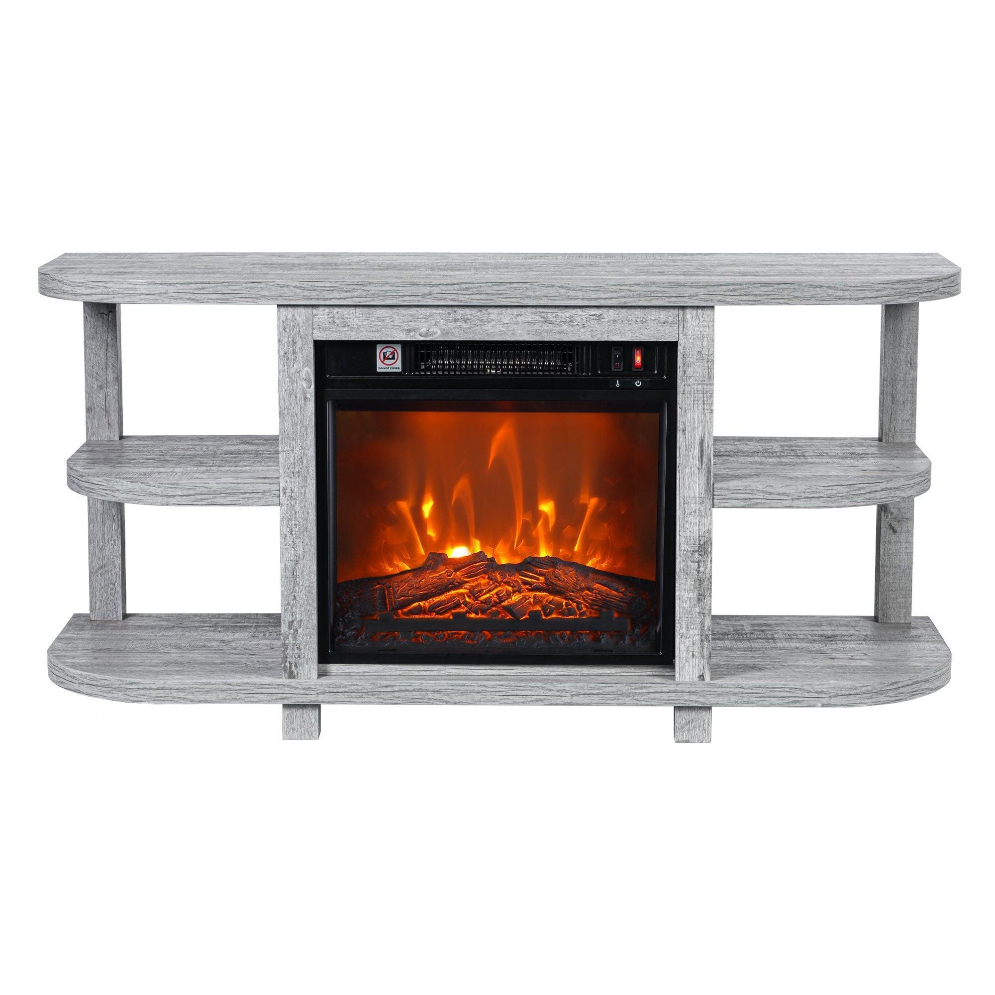 Modern TV stand in light grey with electric fireplace insert and open shelving
