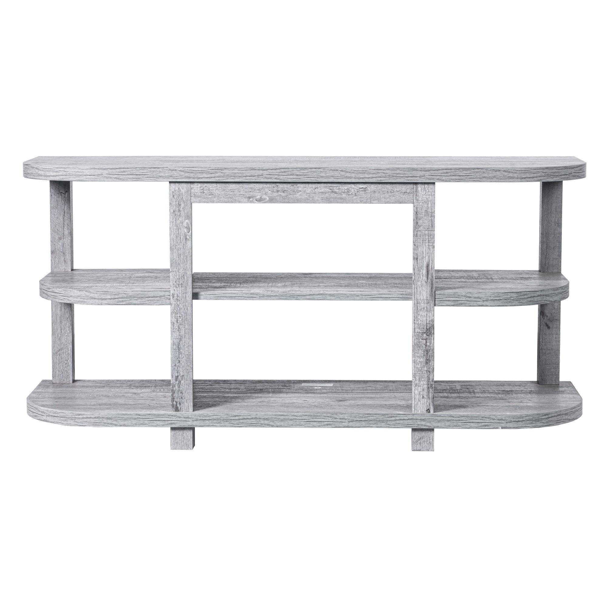 Light grey modern TV stand with open shelving and center frame for electric fireplace
