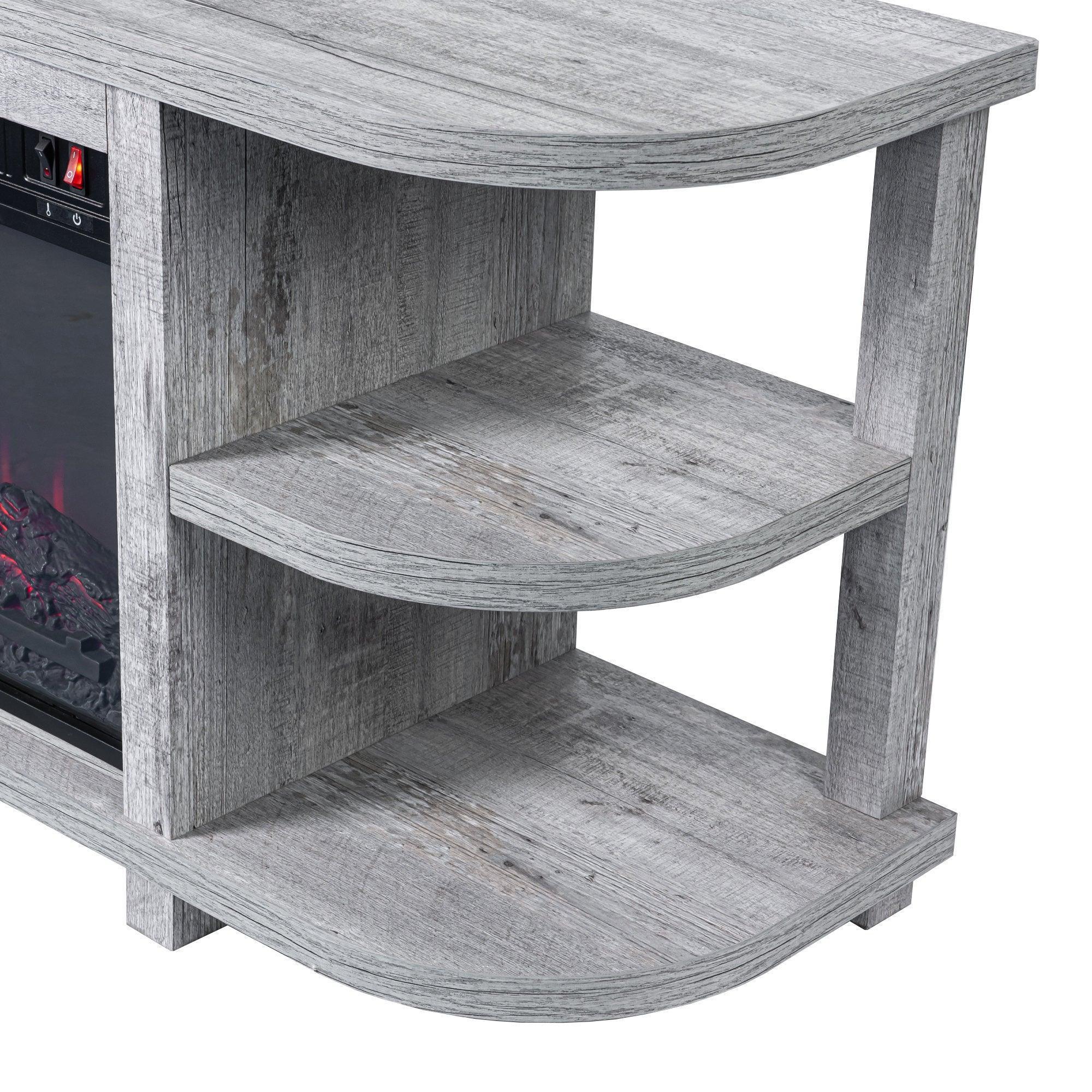Light grey TV stand with curved corner shelves and open storage under the top