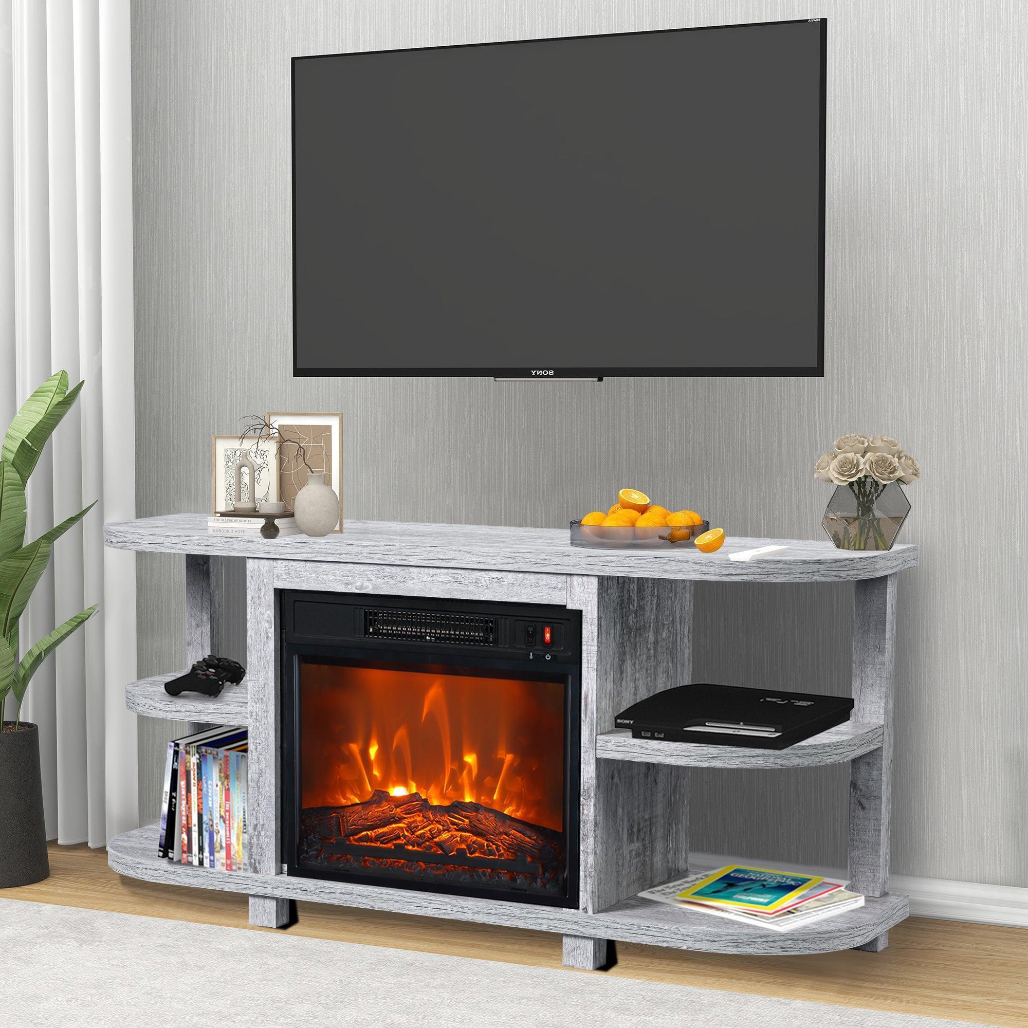 Grey media console TV stand with built-in electric fireplace insert and open shelves