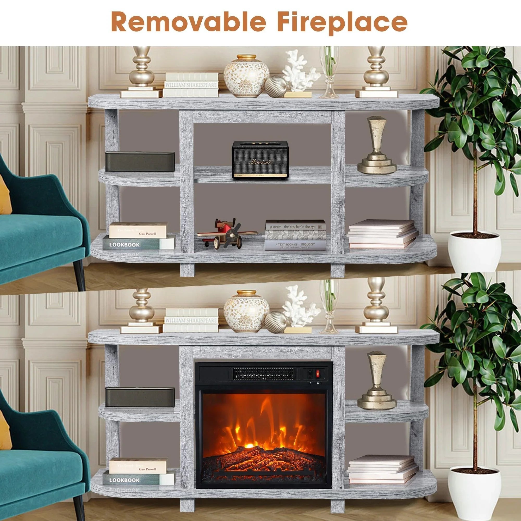 Grey 48-inch TV stand with electric fireplace insert, removable fireplace, and storage shelves