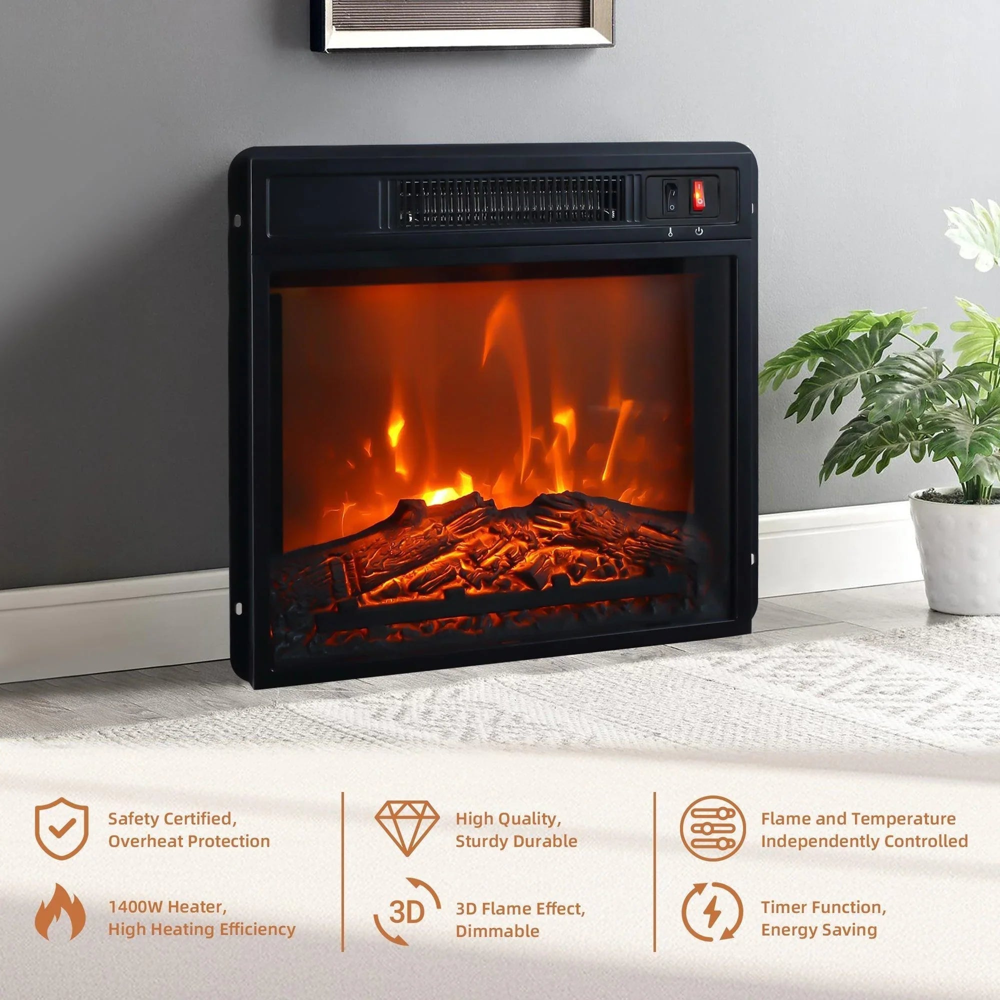Black electric fireplace insert showing warm orange flame effect with front glass panel