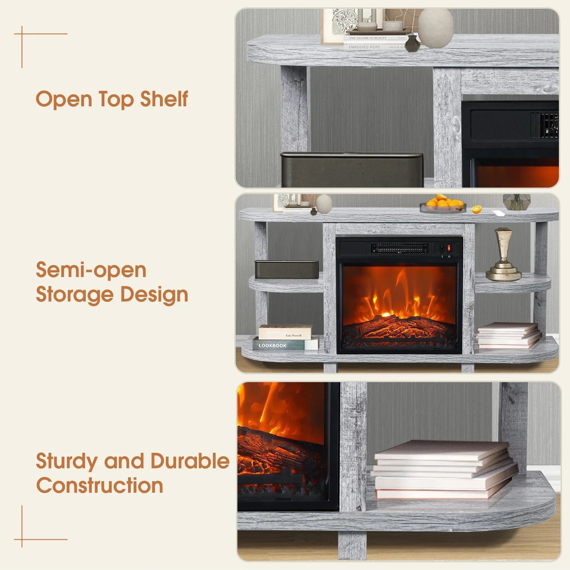 Grey TV stand with semi-open storage, open top shelf, and electric fireplace insert