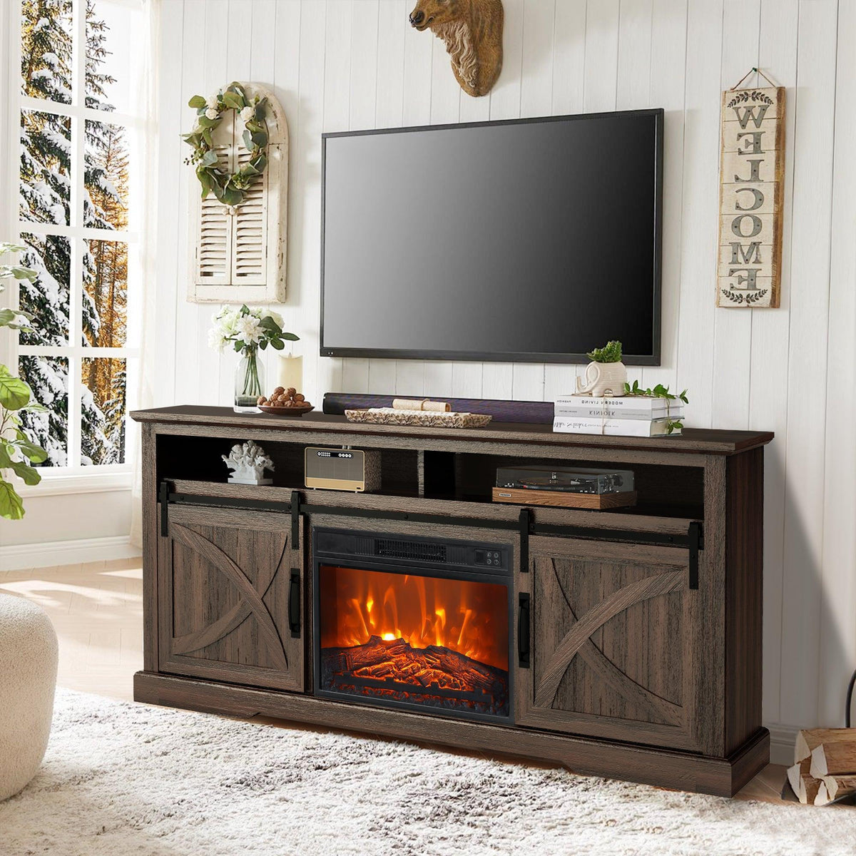 Farmhouse TV stand with electric fireplace, grey wood-look, two-door cabinets and center shelf