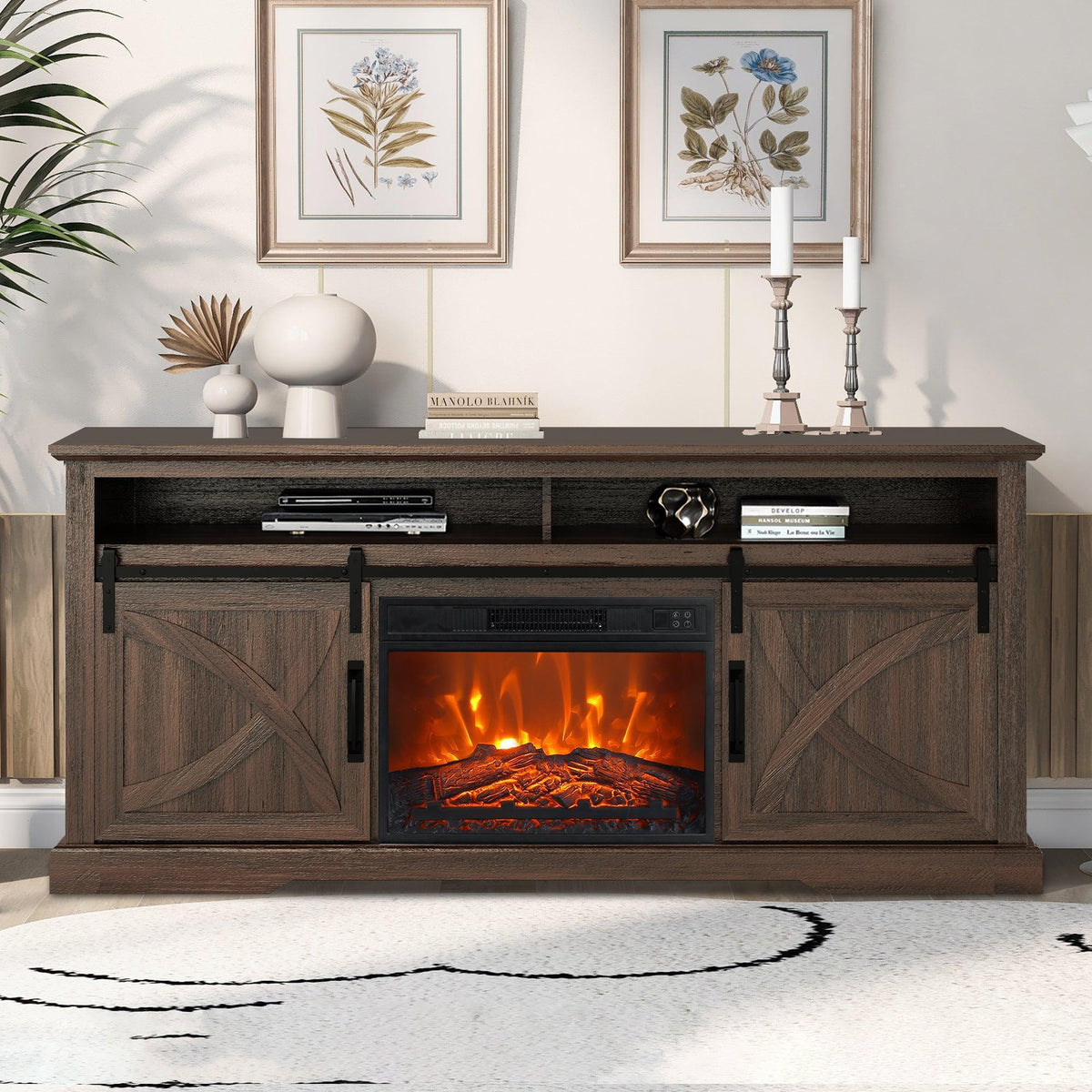 Farmhouse TV stand with electric fireplace, dark brown wood-look, two-door cabinets and center insert