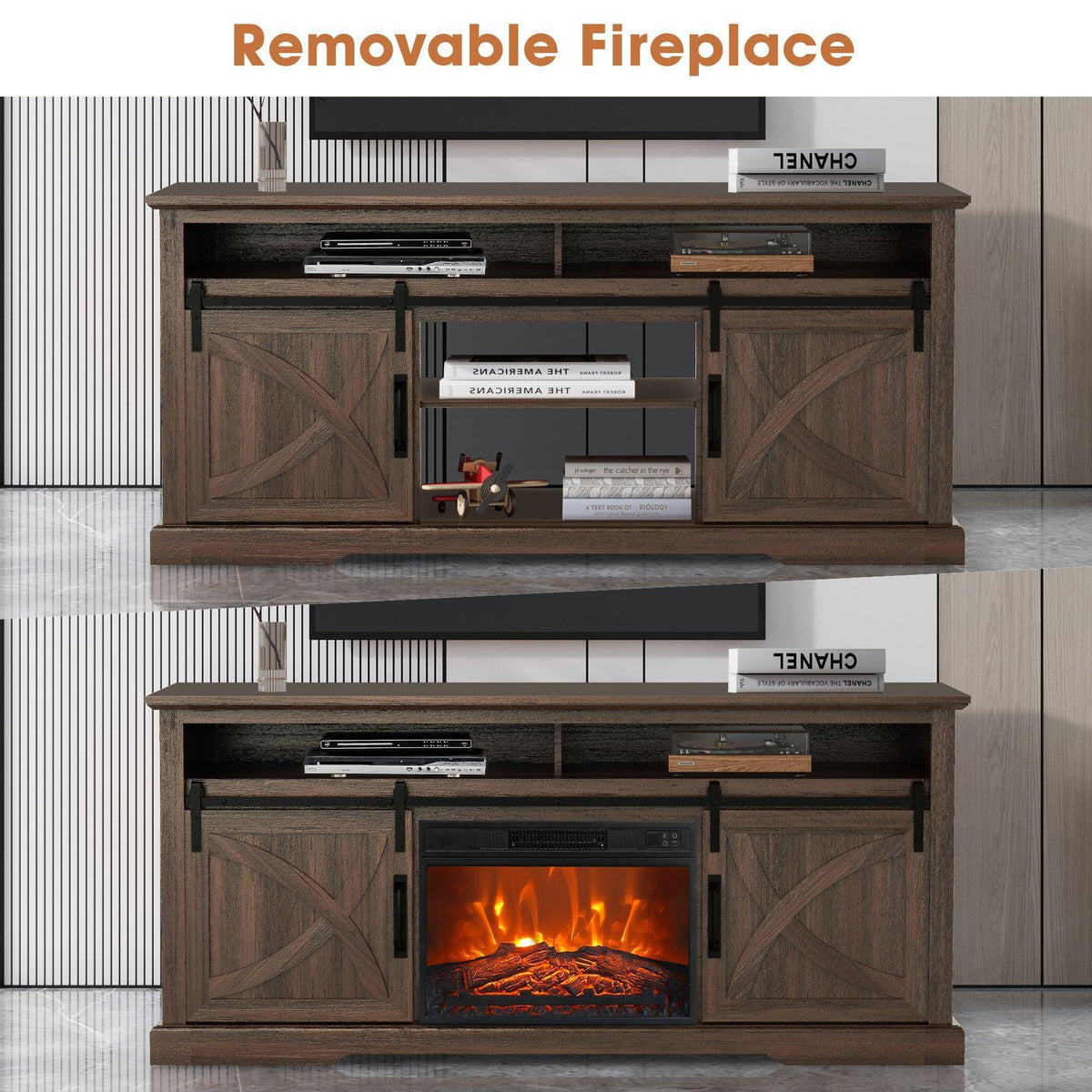 Farmhouse TV stand with electric fireplace, dark brown finish, open cabinet view with insert