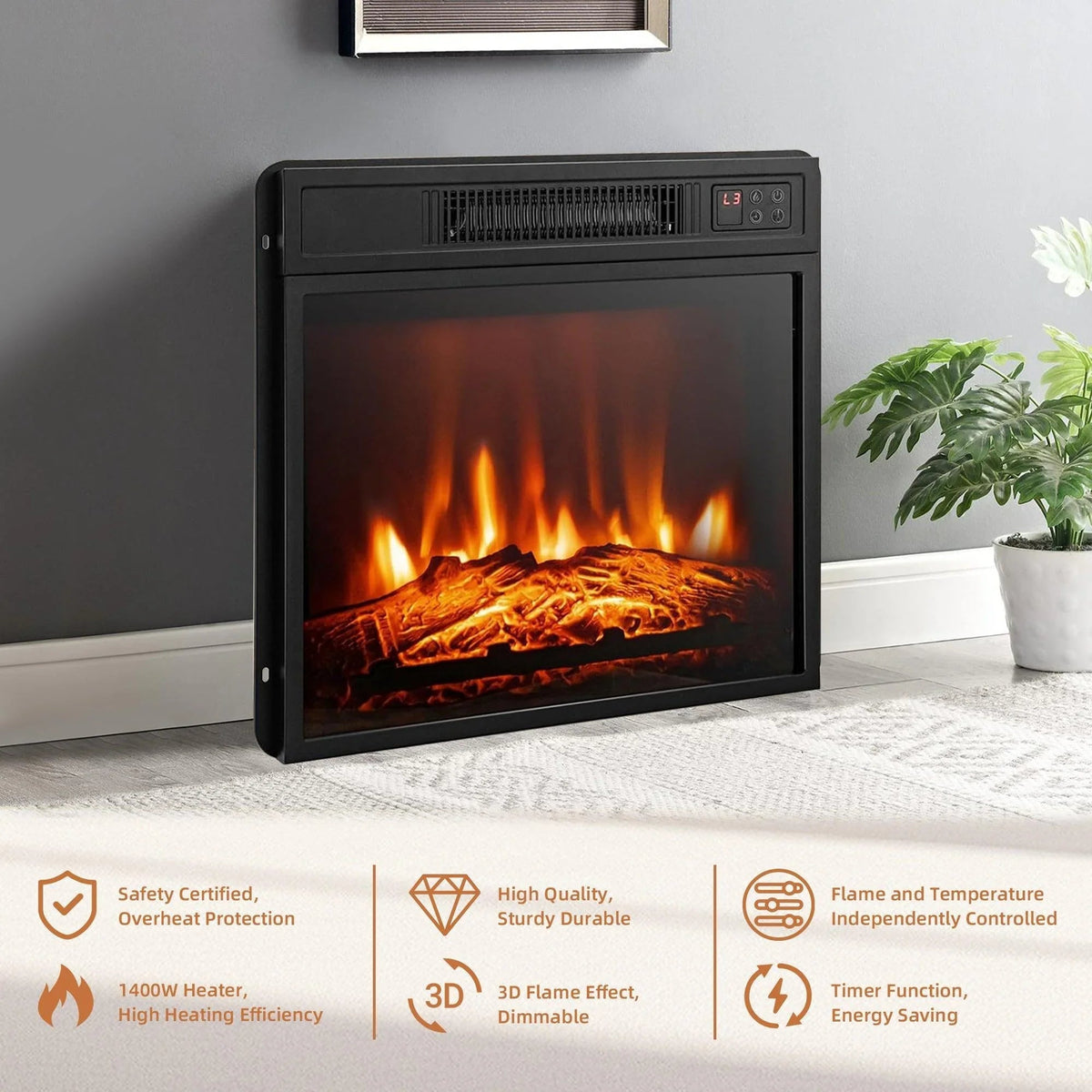 Electric fireplace insert in black frame, glowing flames over a log bed