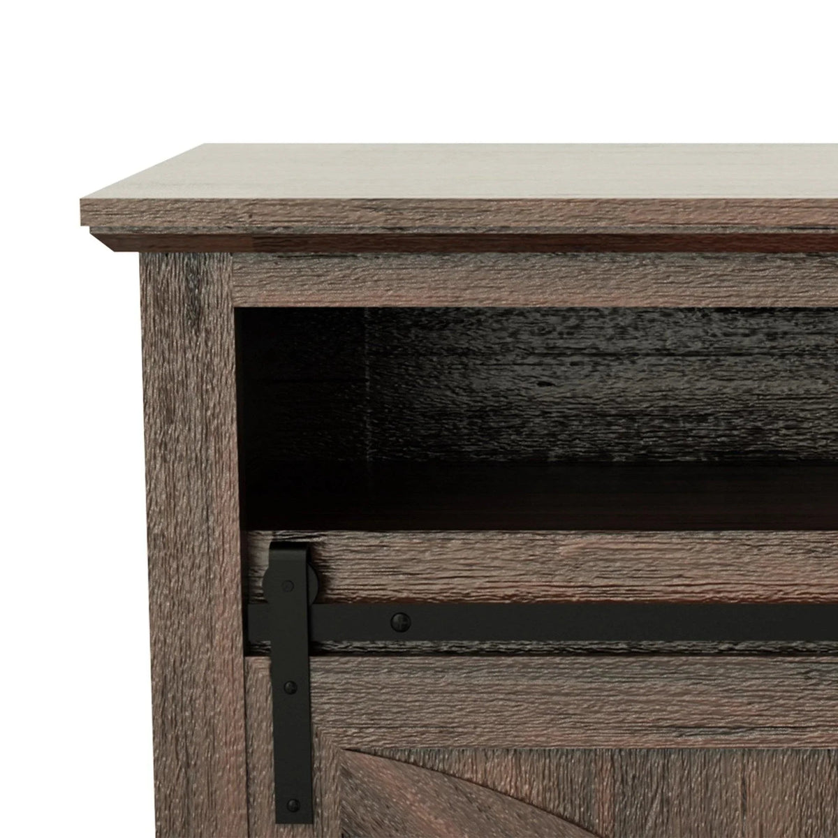 Brown wood cabinet side panel with black hinge detail