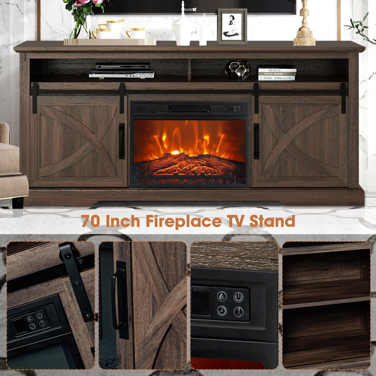 Farmhouse TV stand with electric fireplace, dark brown finish, flame insert and control panel