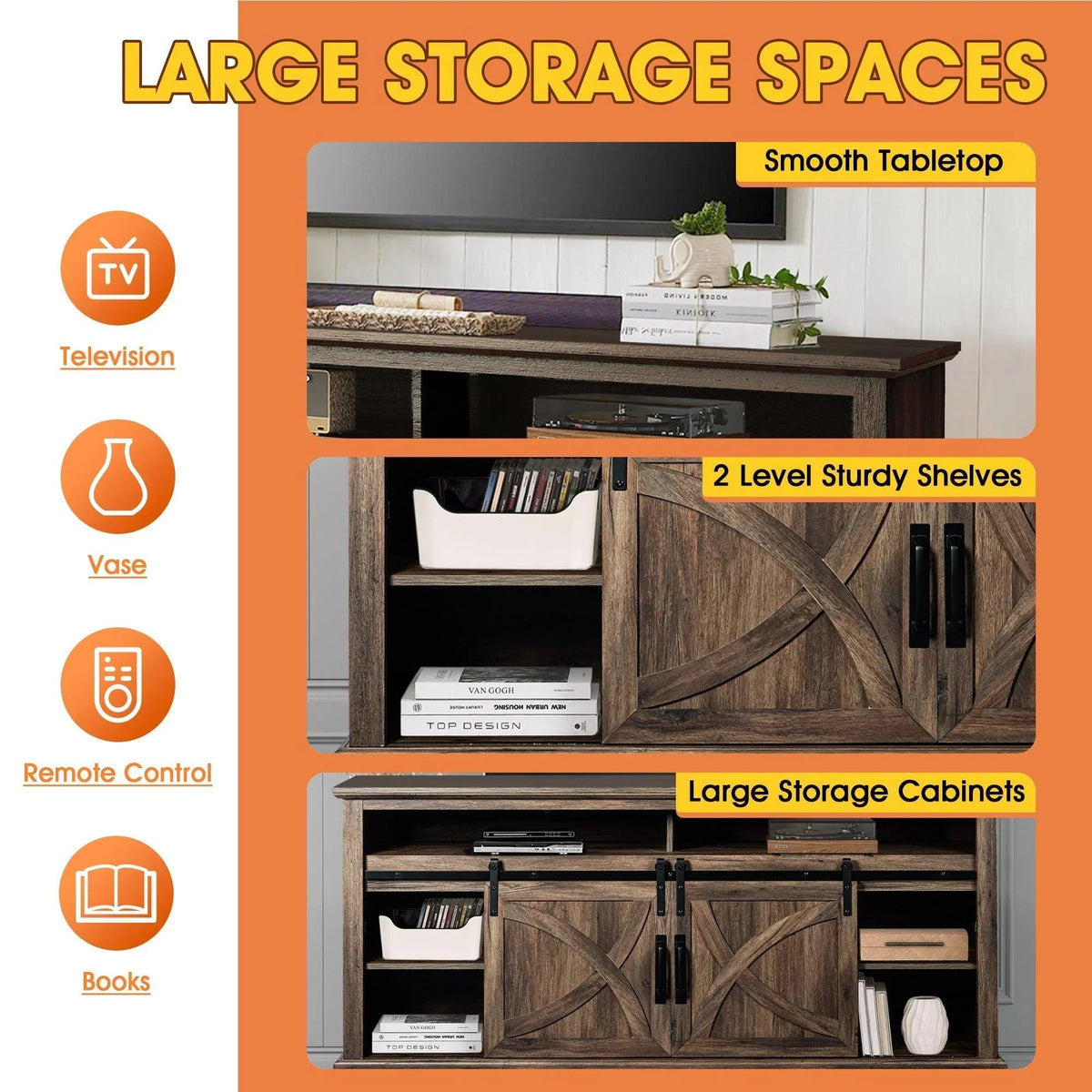 Farmhouse TV stand with electric fireplace, grey finish, two shelves and storage cabinets