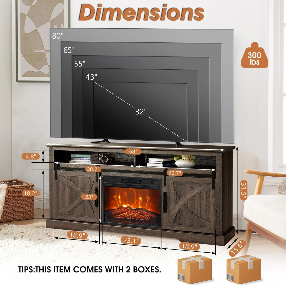 Farmhouse TV stand with electric fireplace, size diagram showing cabinet and insert opening