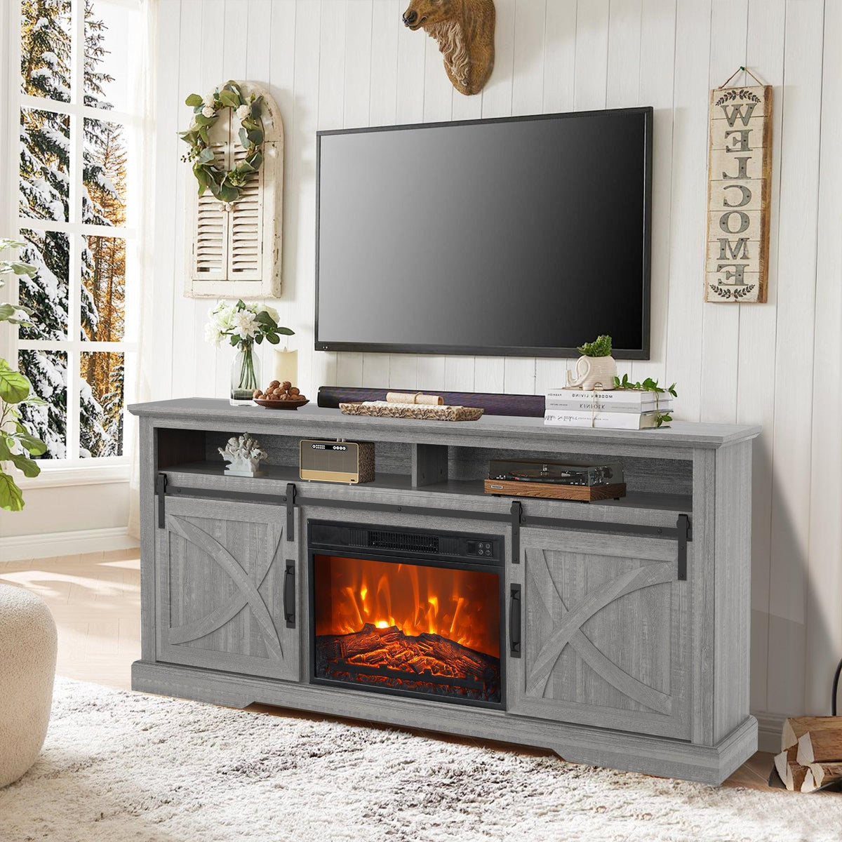 Farmhouse TV stand with electric fireplace, grey wood-look, X-panel doors and center insert
