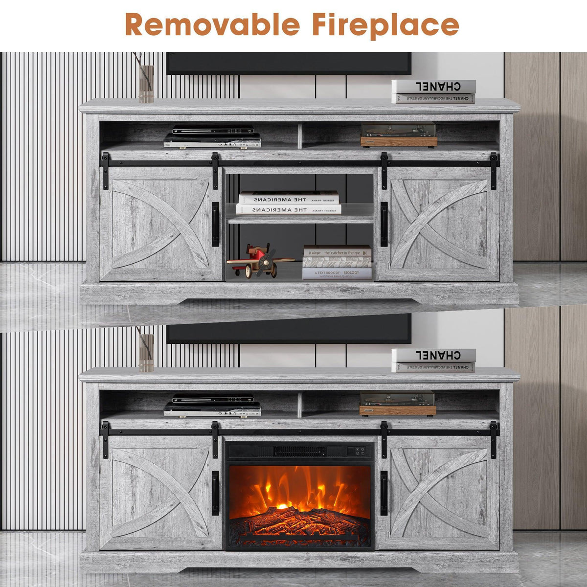 Farmhouse TV stand with electric fireplace insert, grey wood finish, cabinet doors open