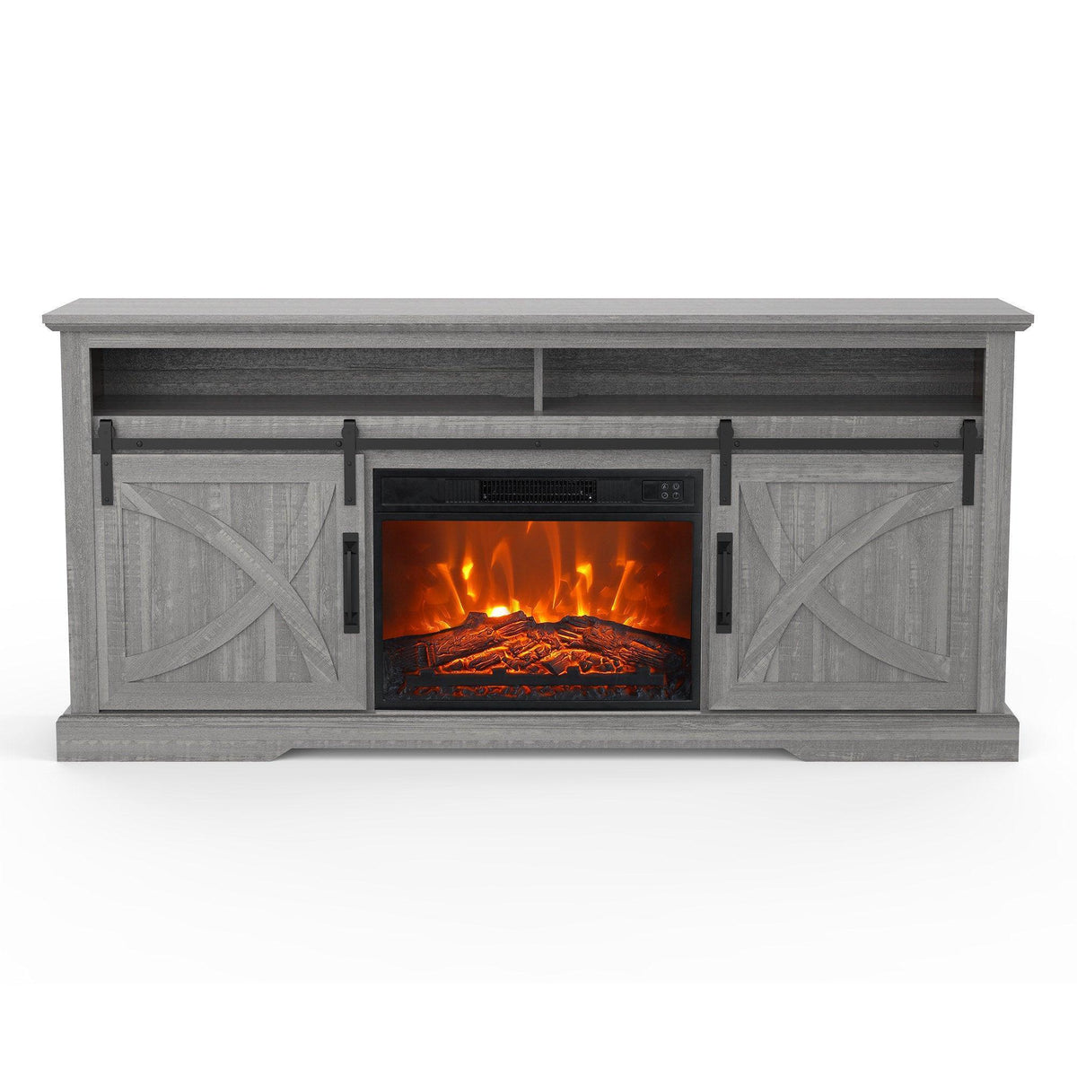 Grey farmhouse TV stand with electric fireplace insert and paneled cabinet doors