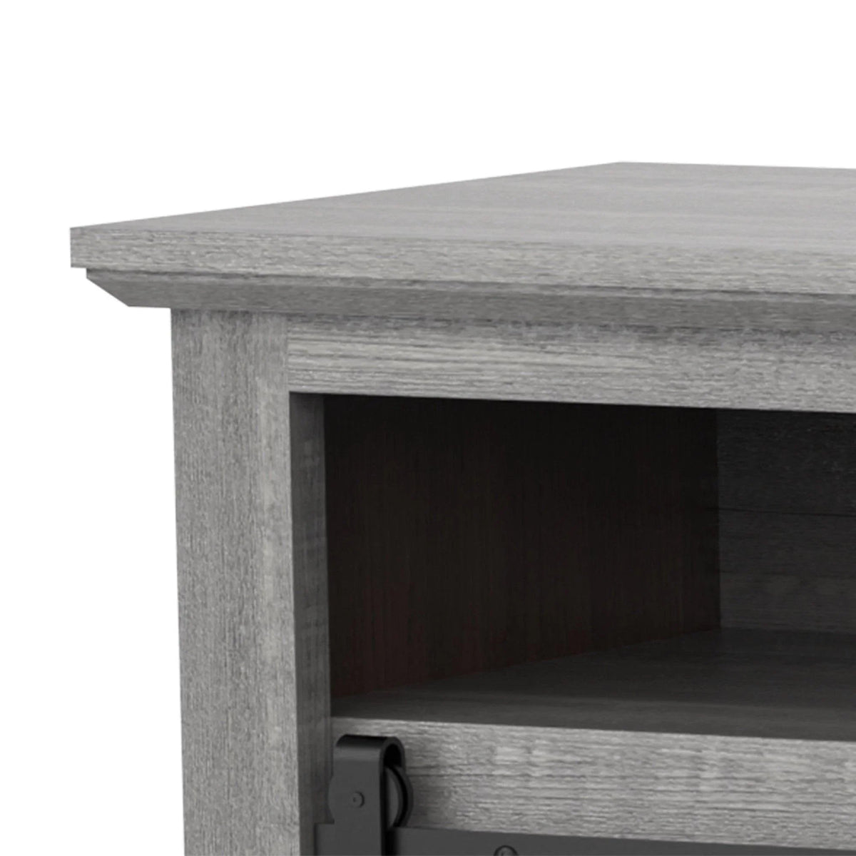 Grey wood top with open storage compartment and black hinge bracket