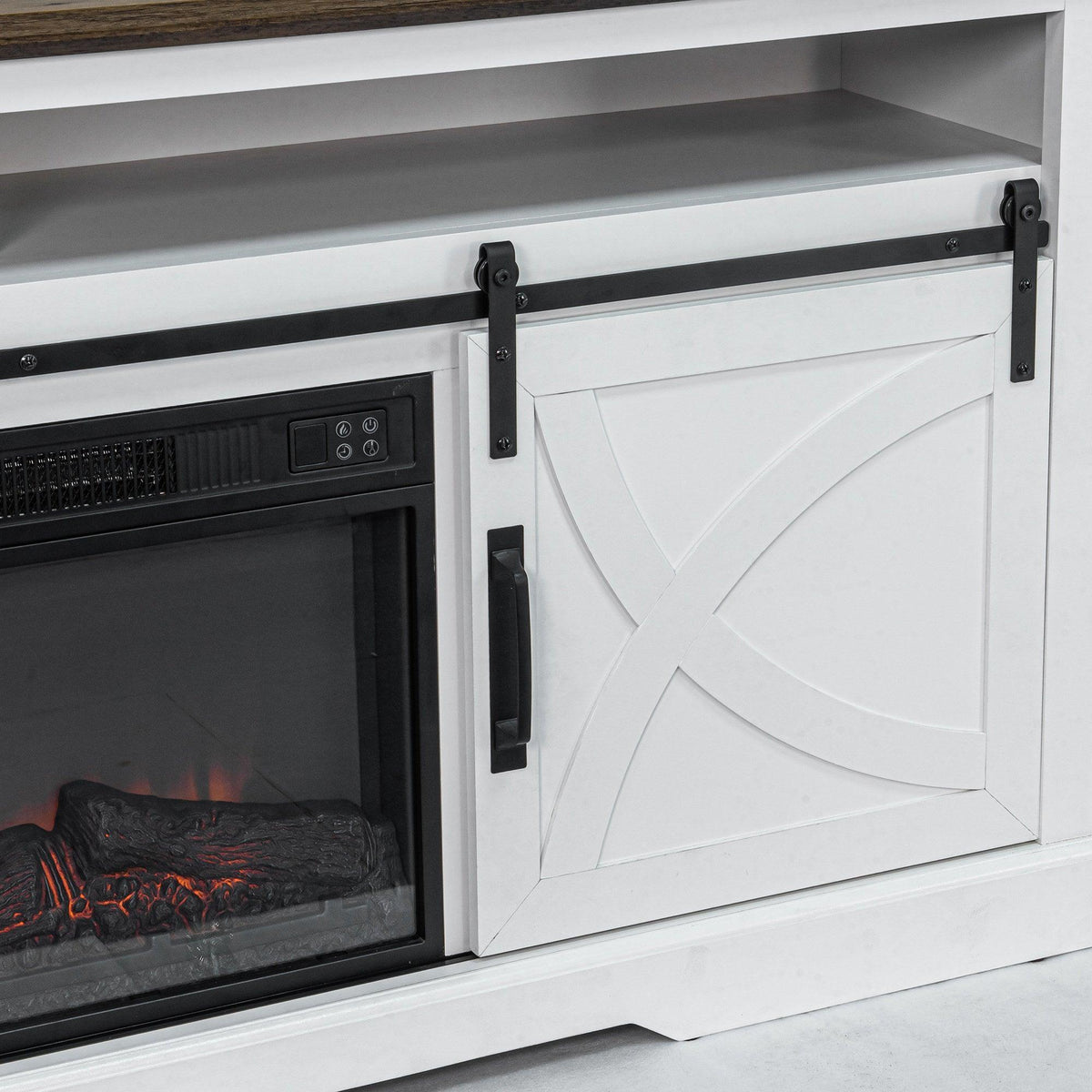 White farmhouse TV stand with electric fireplace insert and paneled cabinet doors