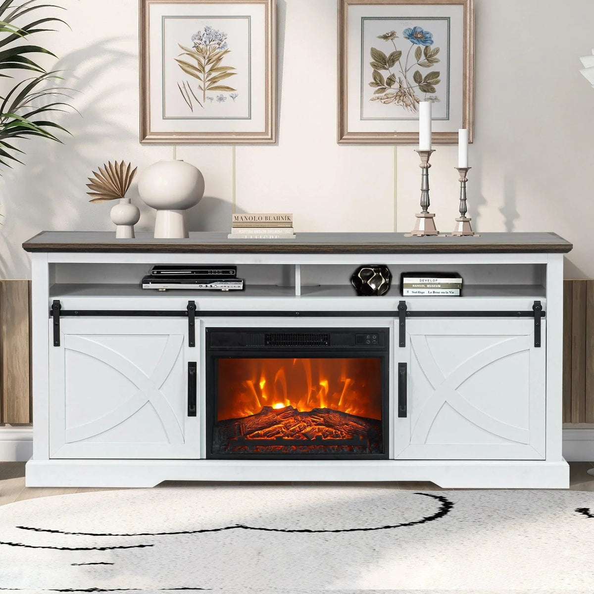 White farmhouse TV stand with electric fireplace insert and centered media shelf