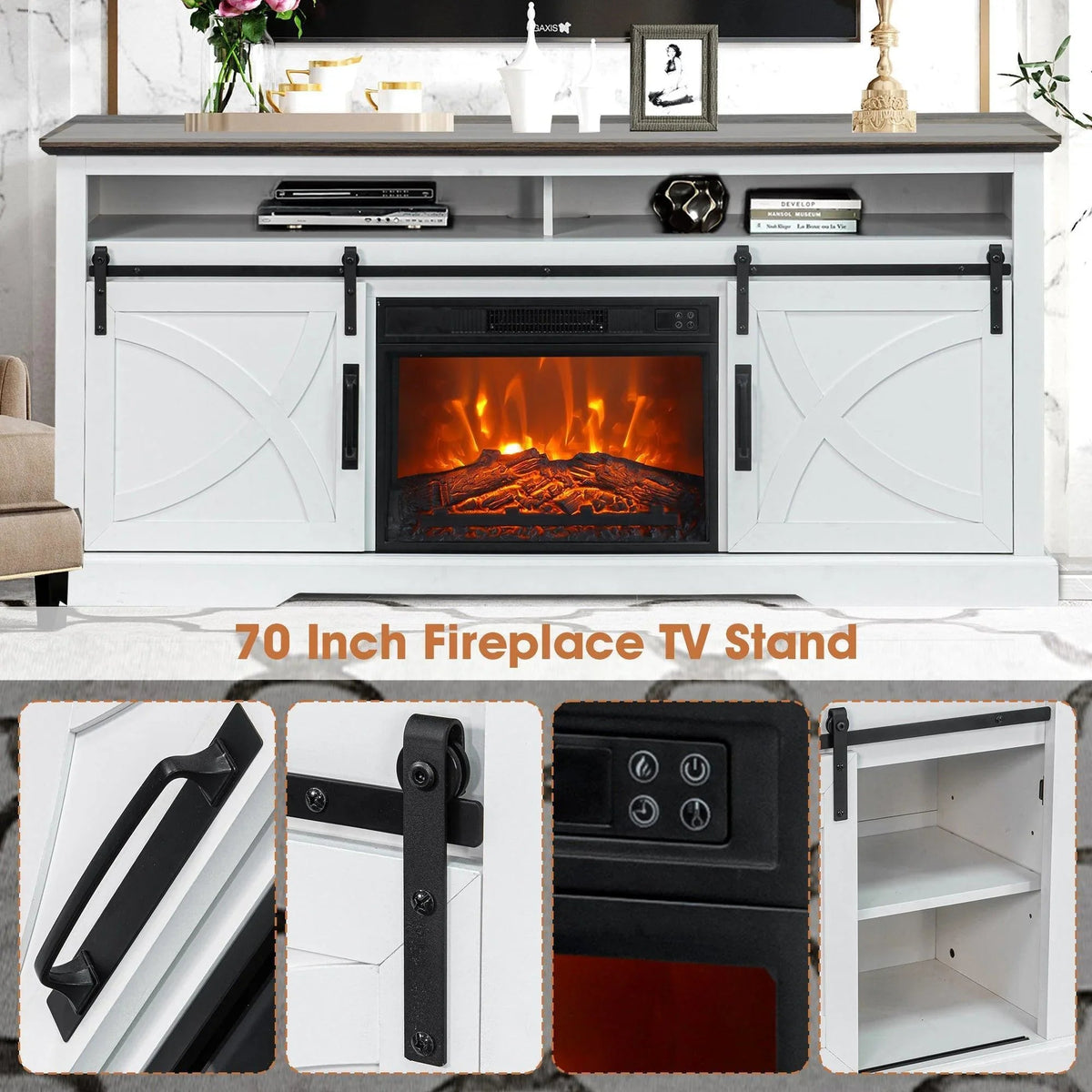 White farmhouse TV stand with electric fireplace insert, side cabinets, and media shelf
