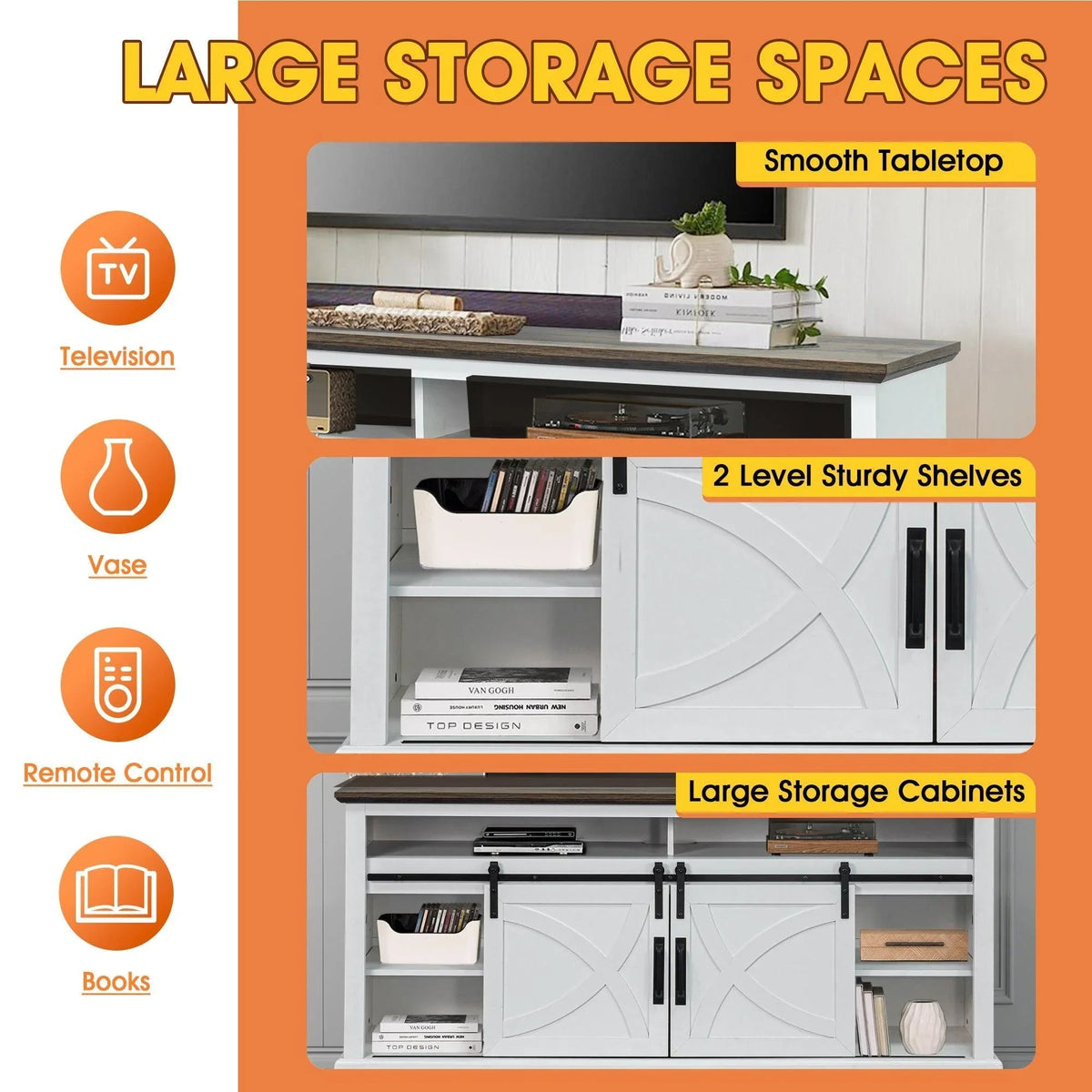 White farmhouse TV stand with two open shelves and electric fireplace insert opening