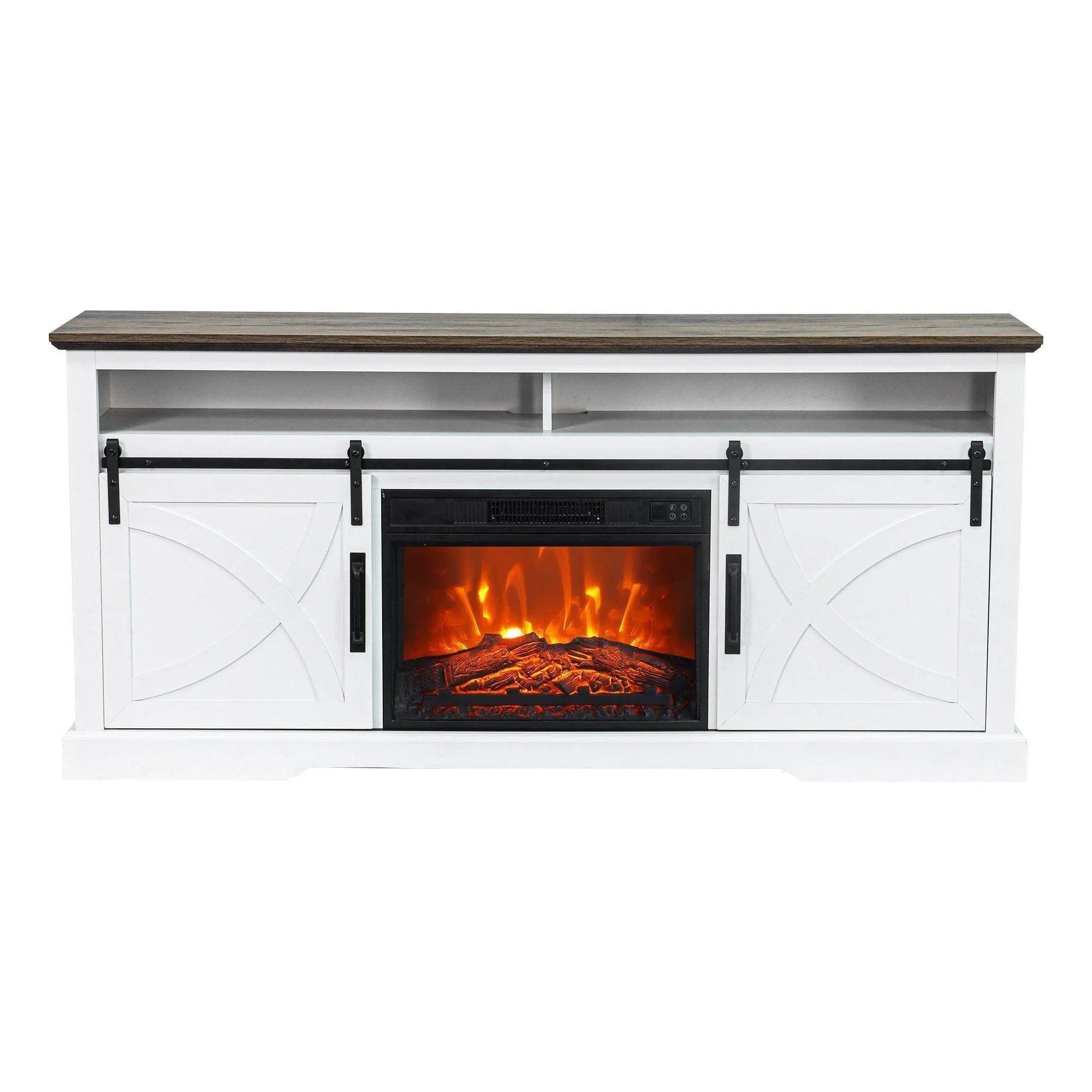 White farmhouse TV stand with electric fireplace opening, two cabinet doors and dark handles