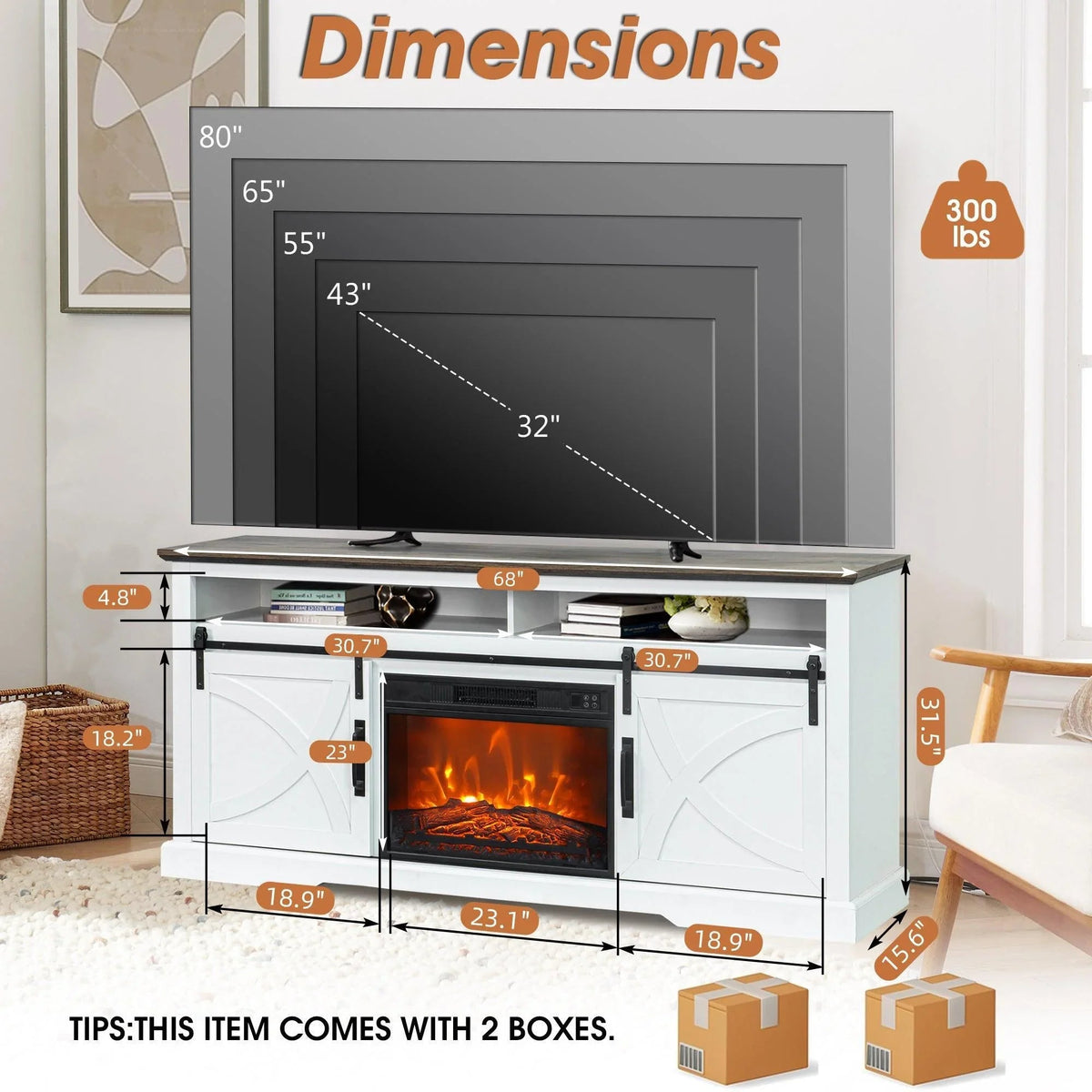 White electric fireplace TV stand with built-in insert opening and two storage doors