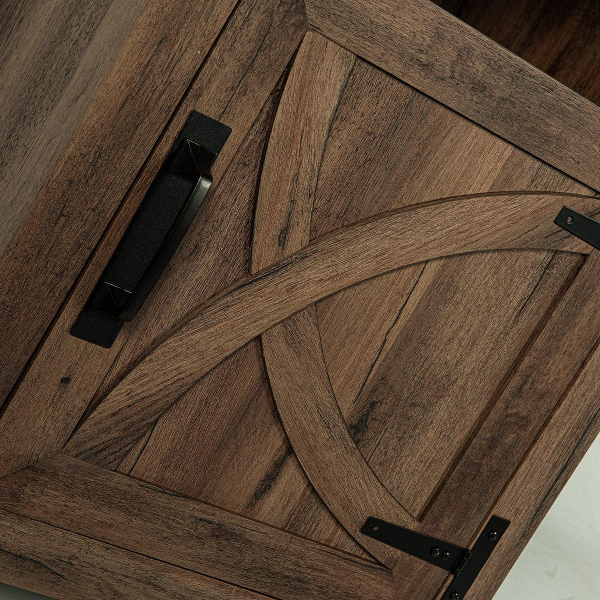 Brown solid wood farmhouse nightstand door with black pull handle hardware