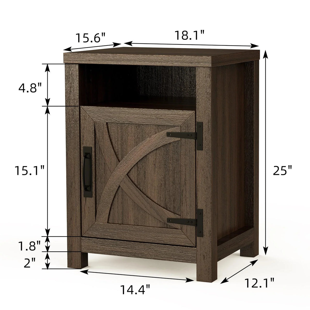 Brown solid wood farmhouse nightstand showing dimensions and paneled door
