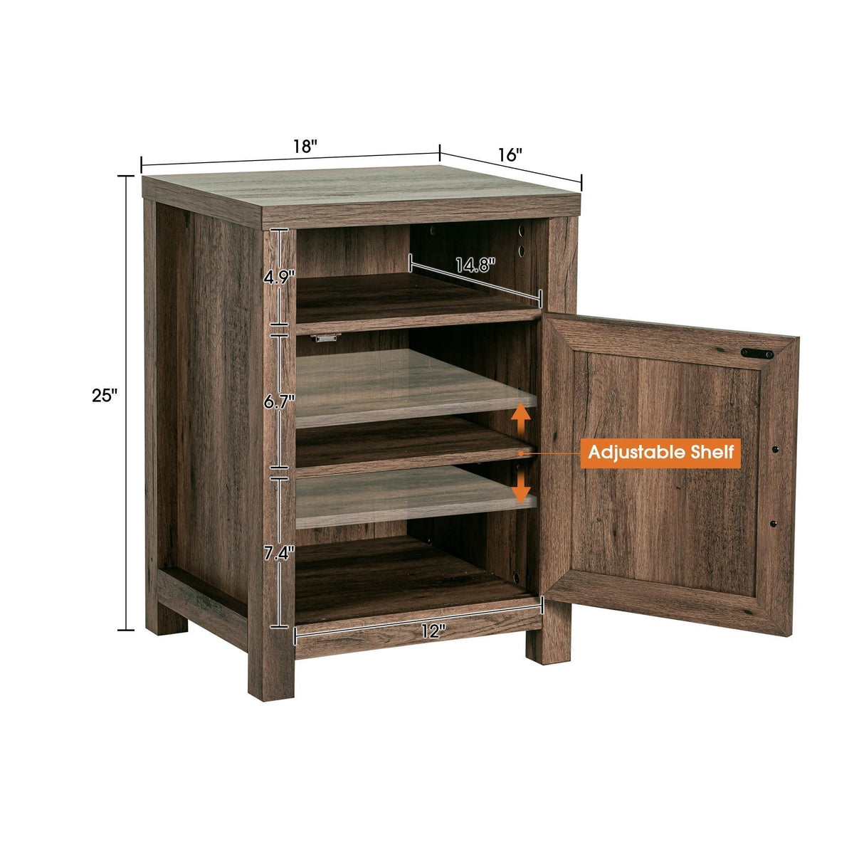 Brown solid wood farmhouse nightstand with open cabinet and adjustable shelf