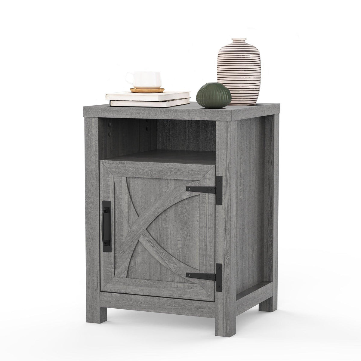 Gray solid wood farmhouse nightstand with paneled door and small top decor items