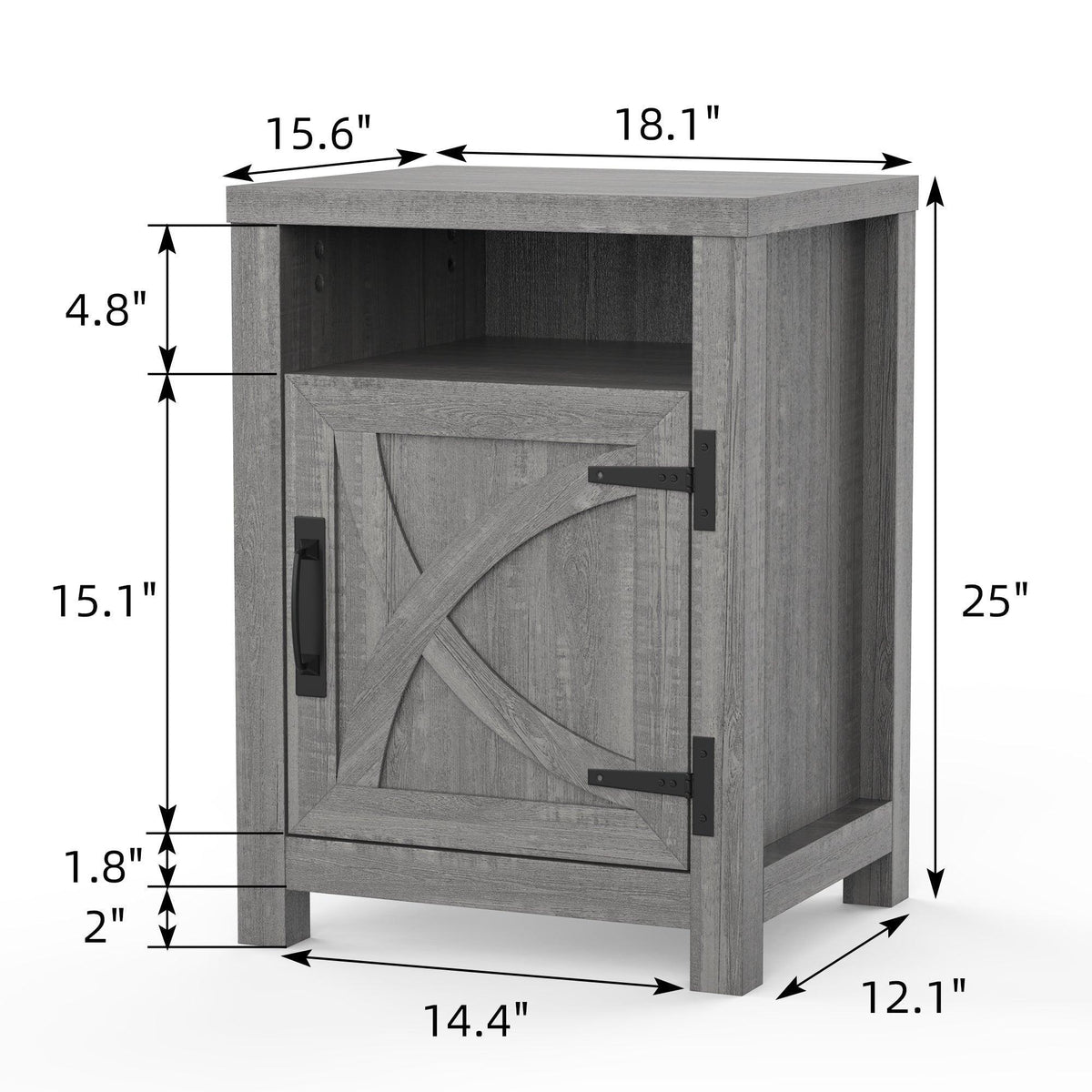 Grey wooden nightstand front view with door and open shelf, 25 in tall