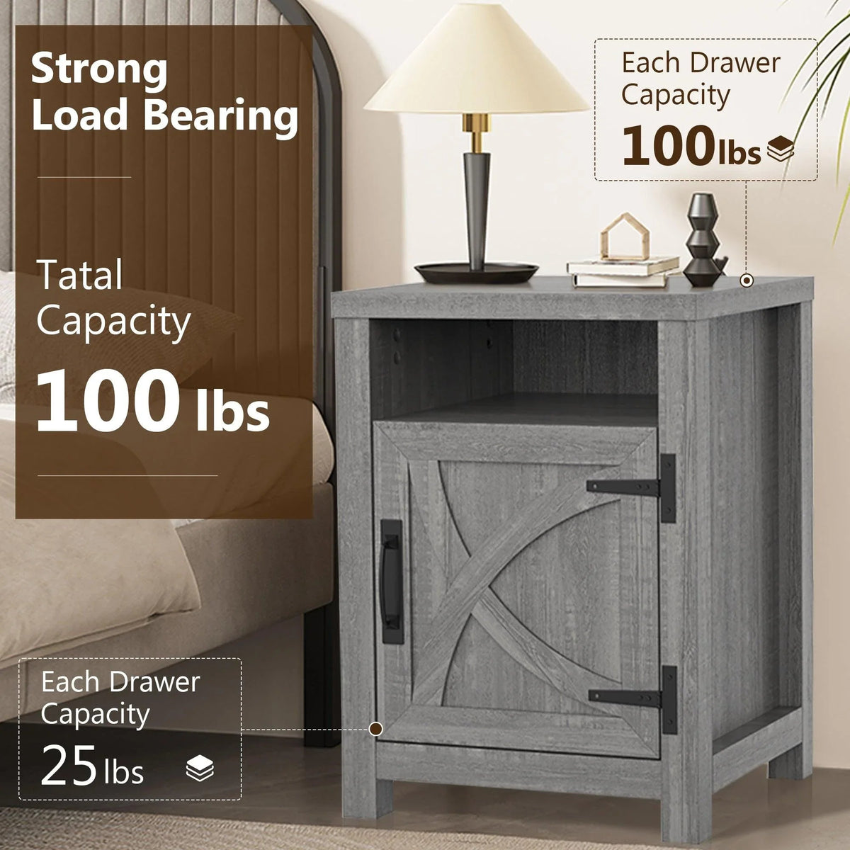 Grey farmhouse nightstand with door cabinet and open shelf interior