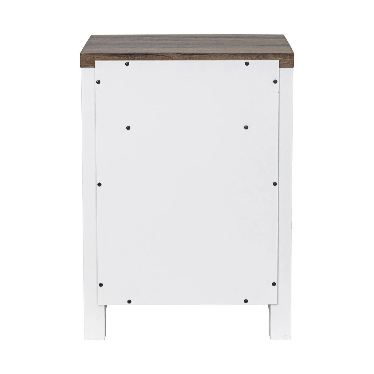 White solid wood farmhouse nightstand with front panel and metal corner fasteners